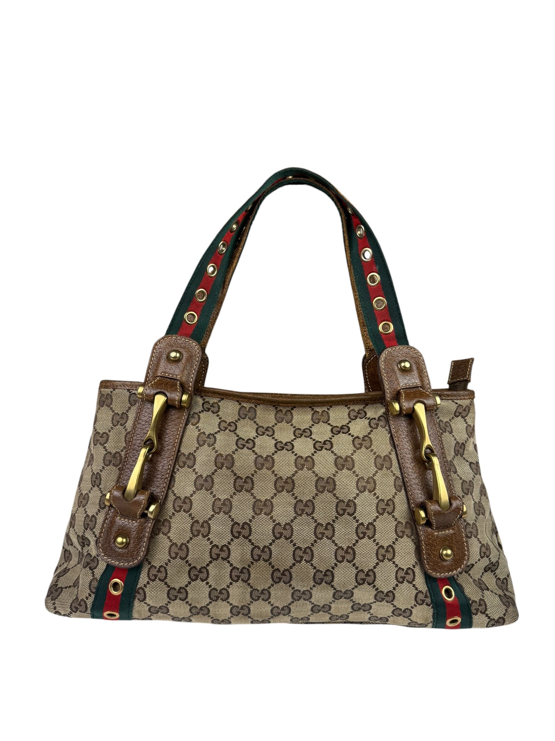 Gucci Vintage Brown Leather Trim Grommet Web Shoulder Bag