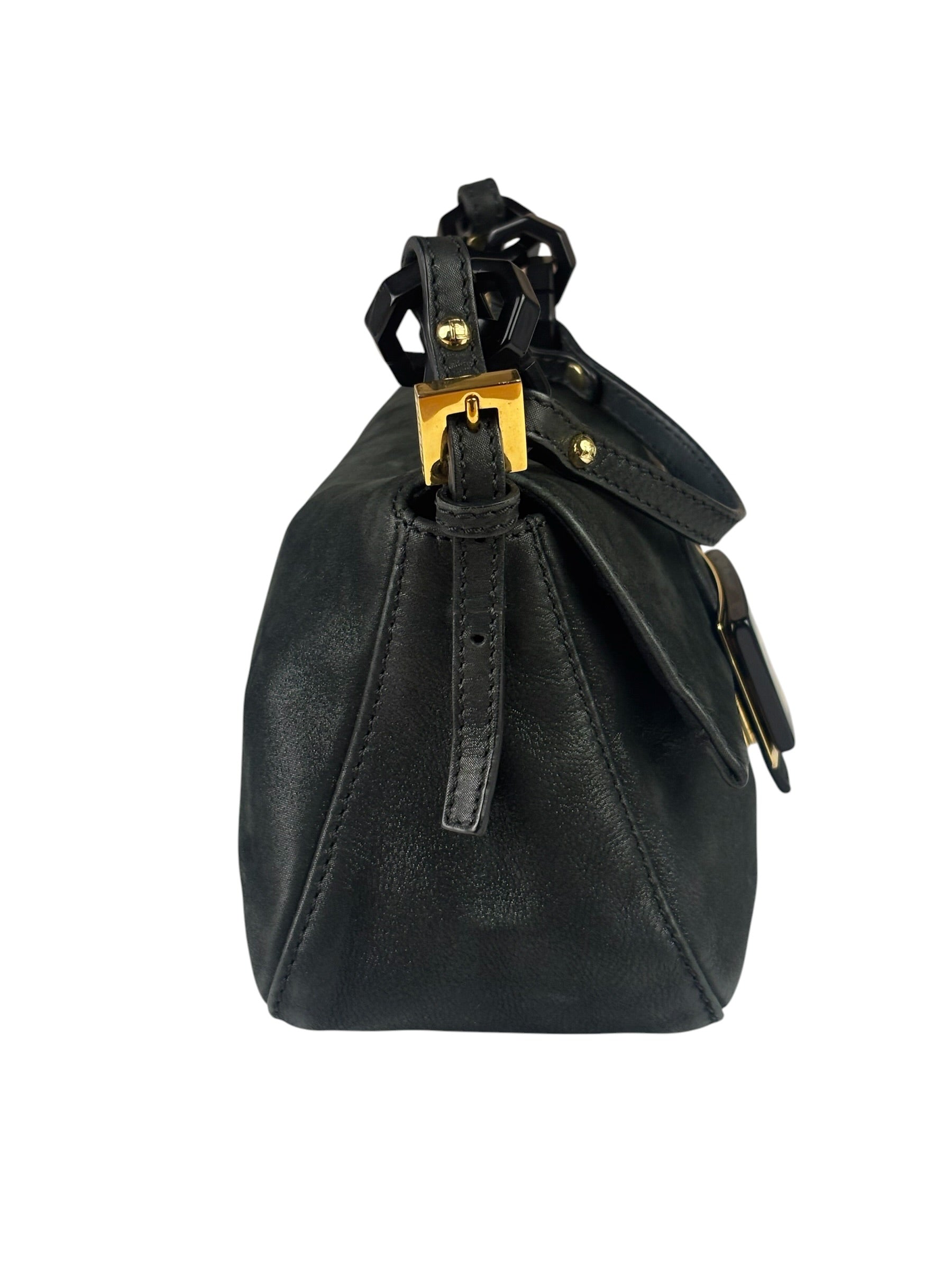 Fendi Shiny Black Suede Small Baguette