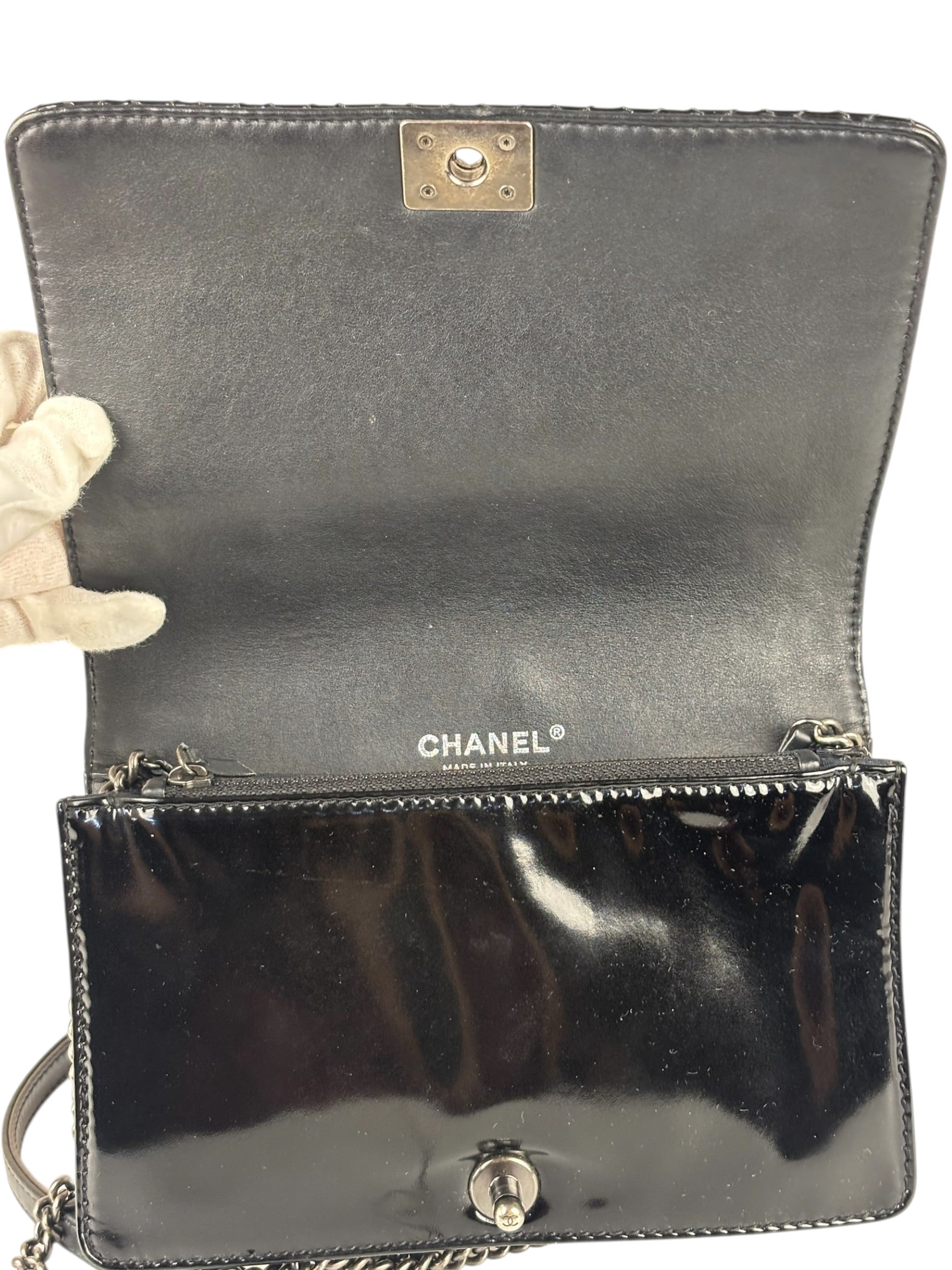Chanel Black Patent Leather Boy Wallet on Chain Bag 2014