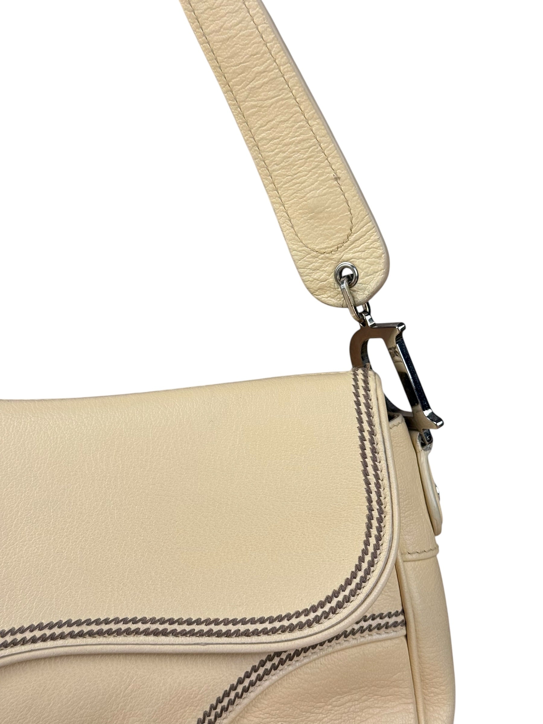Christian Dior Vintage Beige Leather Stitch Saddlebag
