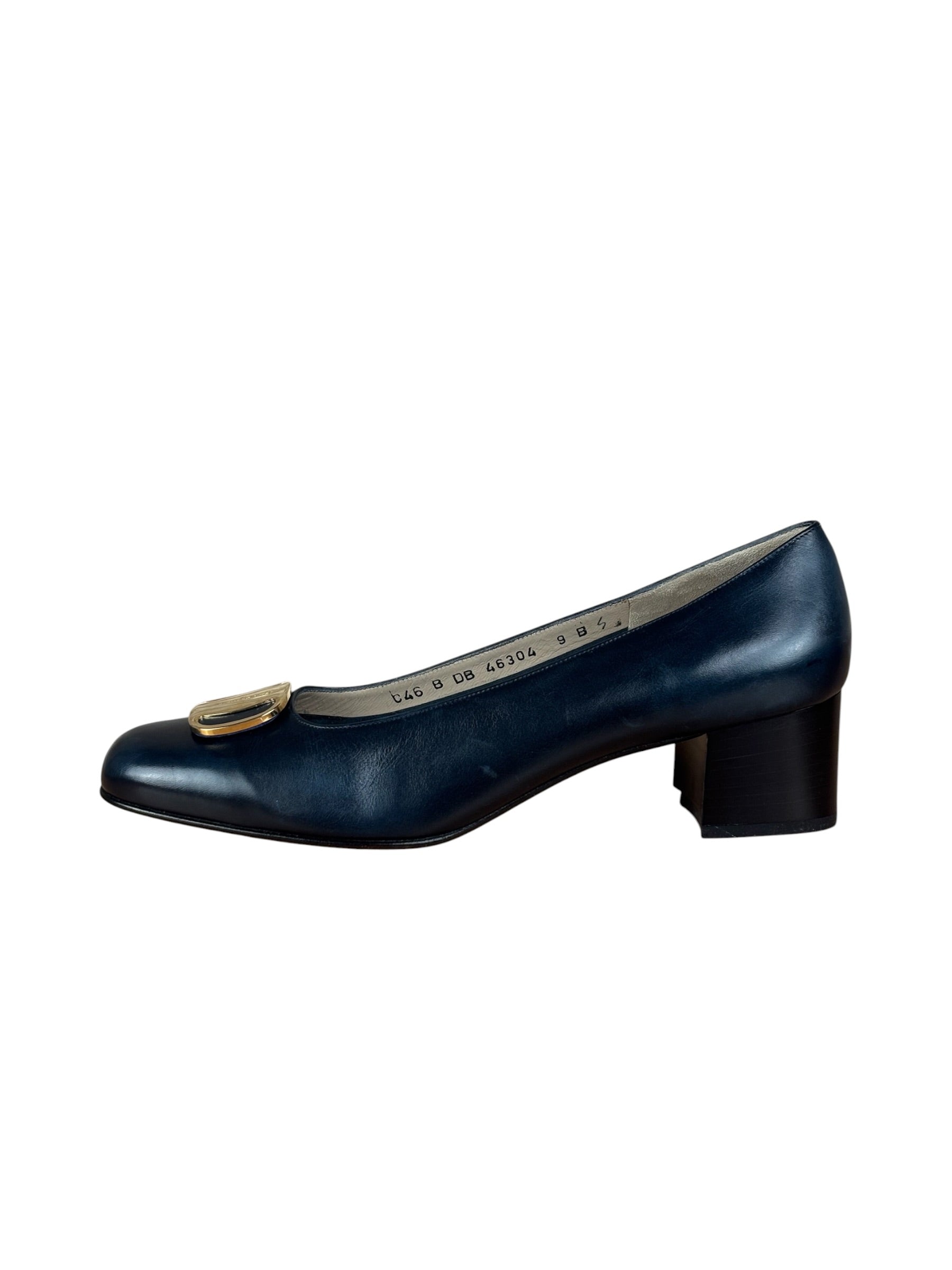 Salvatore Ferragamo Blue Gold Buckles Pumps