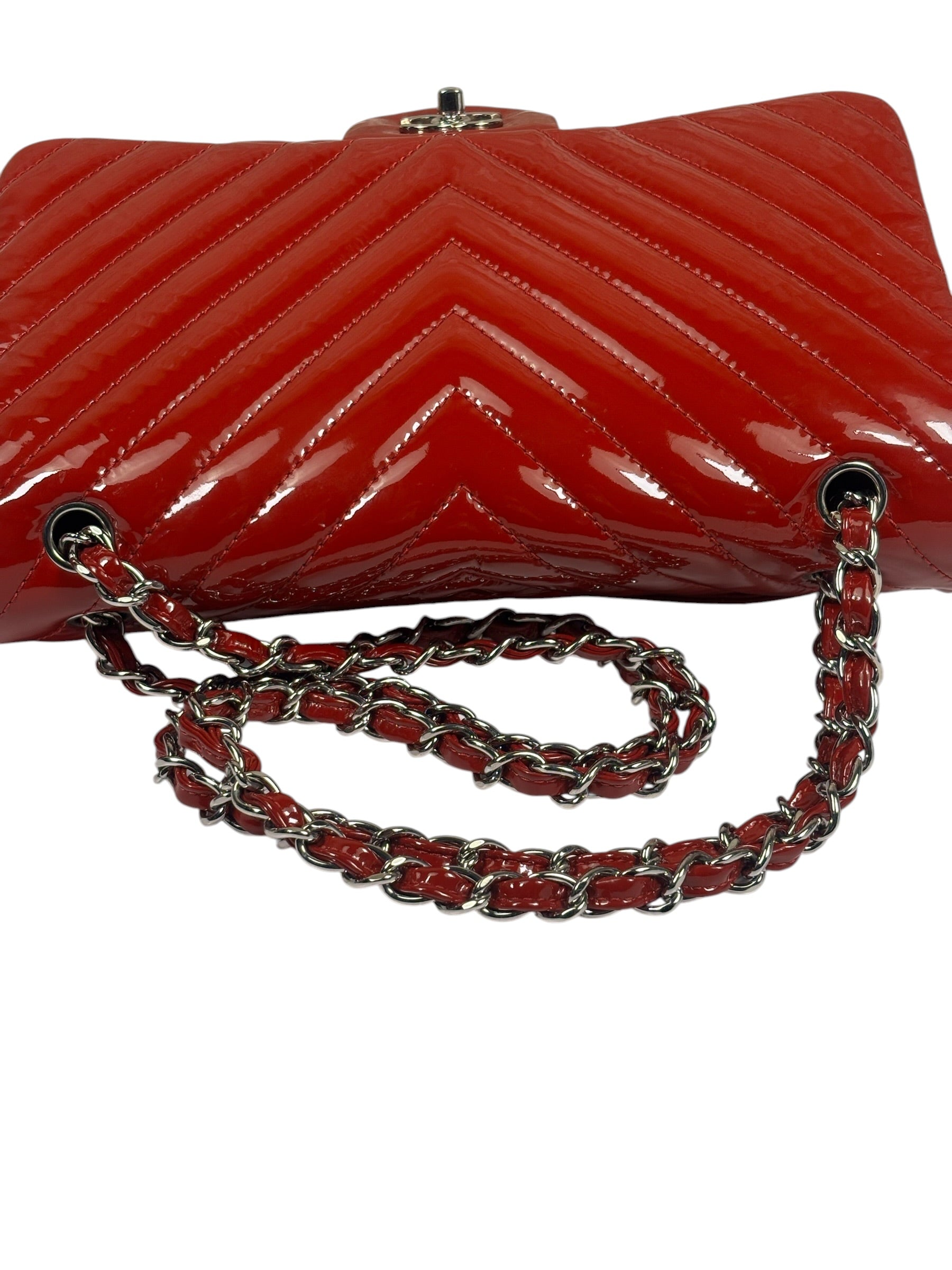 Chanel Red Patent Leather Chevron Jumbo Flap Bag 2009
