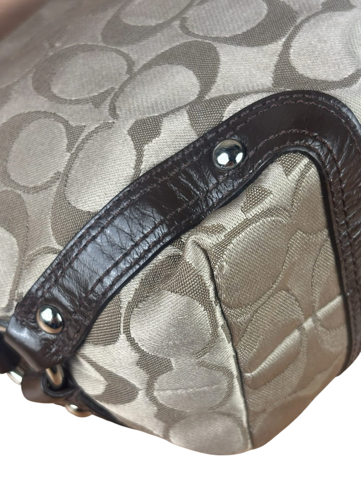 Coach Beige/Brown Leather Trim Signature Mini Carly Hobo Bag