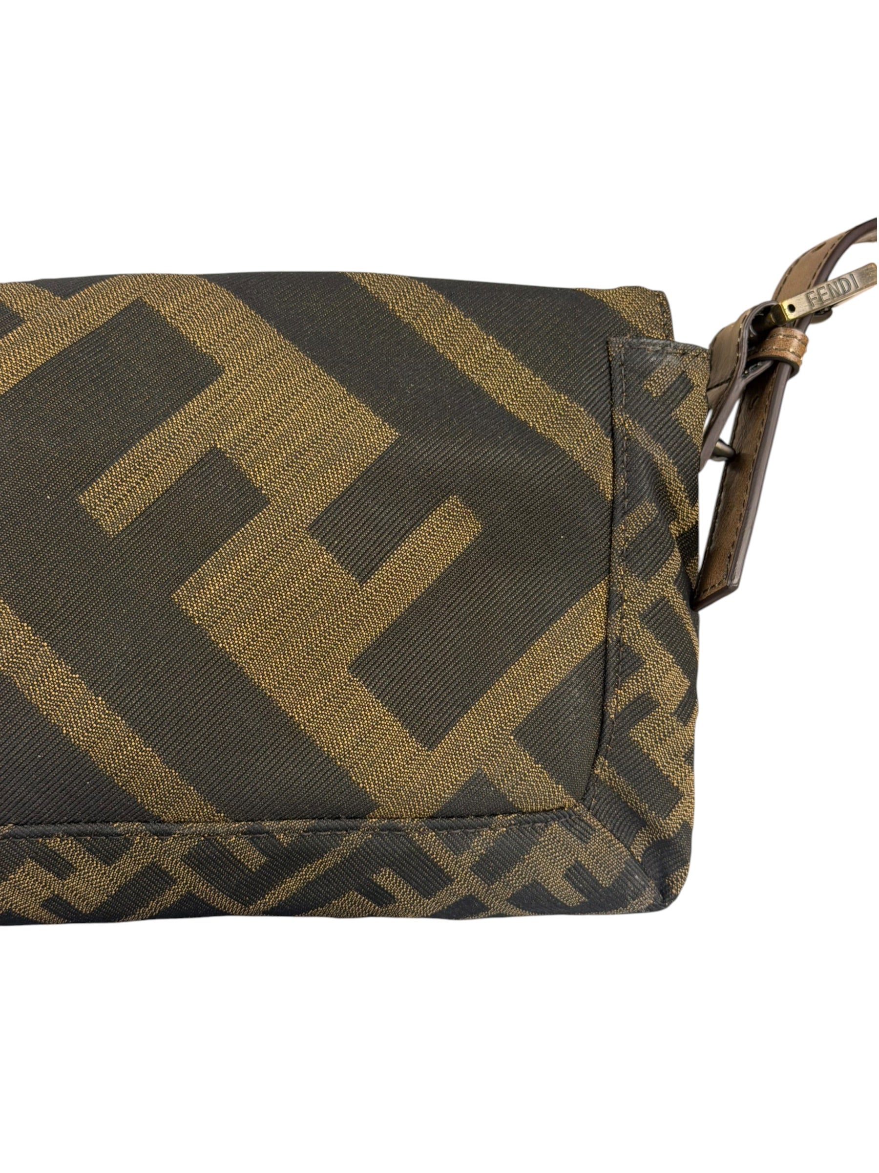 Fendi Vintage Brown Leather Trim Zucca Whipstitch XL Baguette