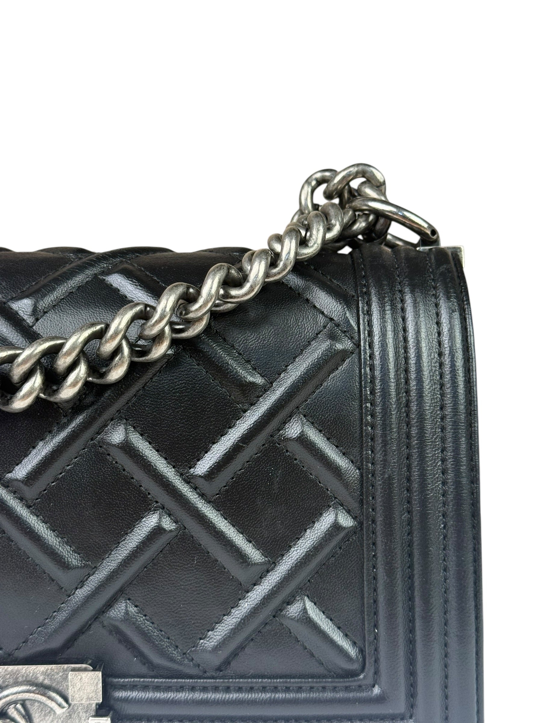Chanel Black Leather Diamond Quilted Medium Boy Bag 2012