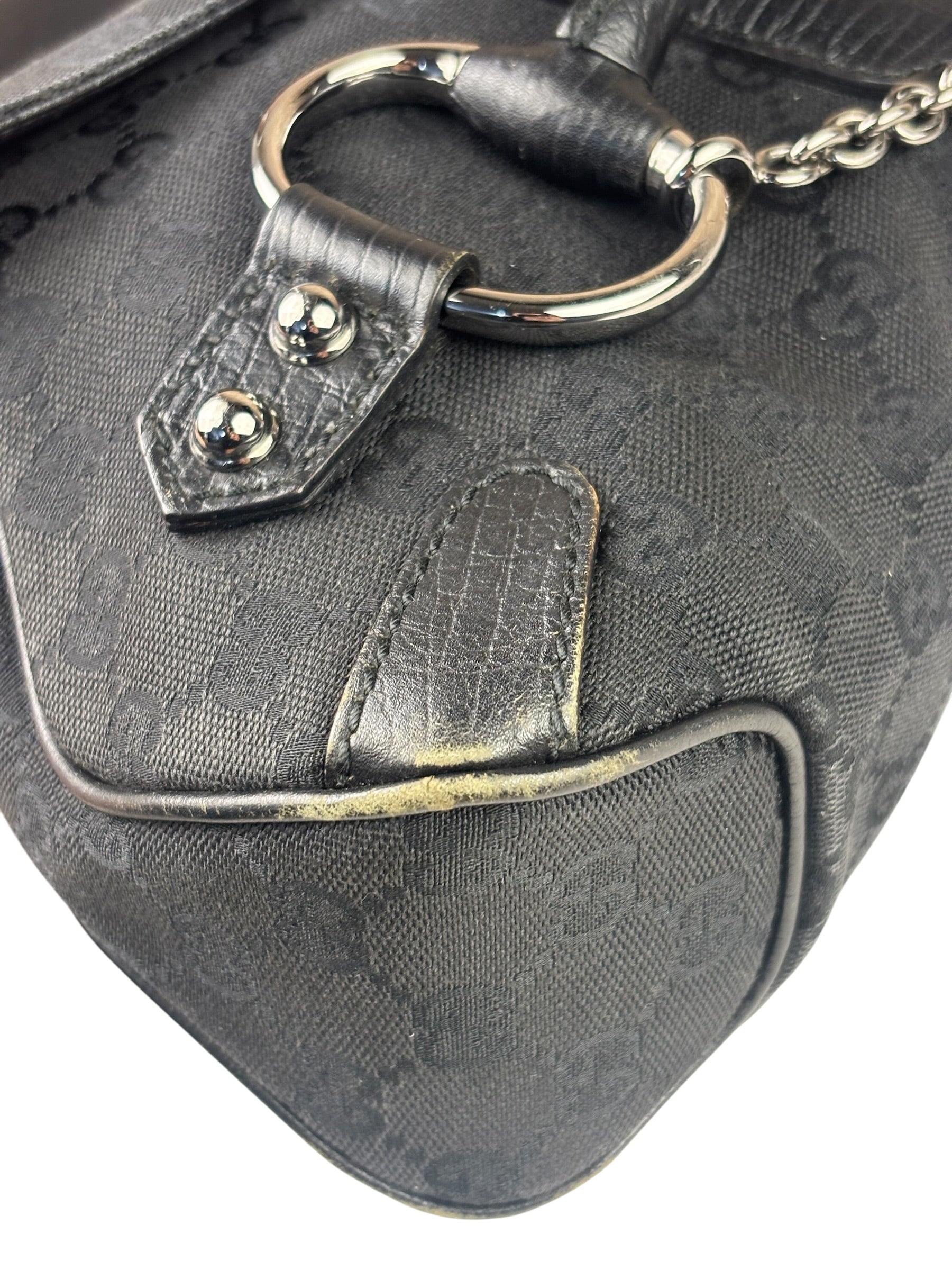 Gucci Black Leather Trim Horsebit GG Chain Shoulder Bag