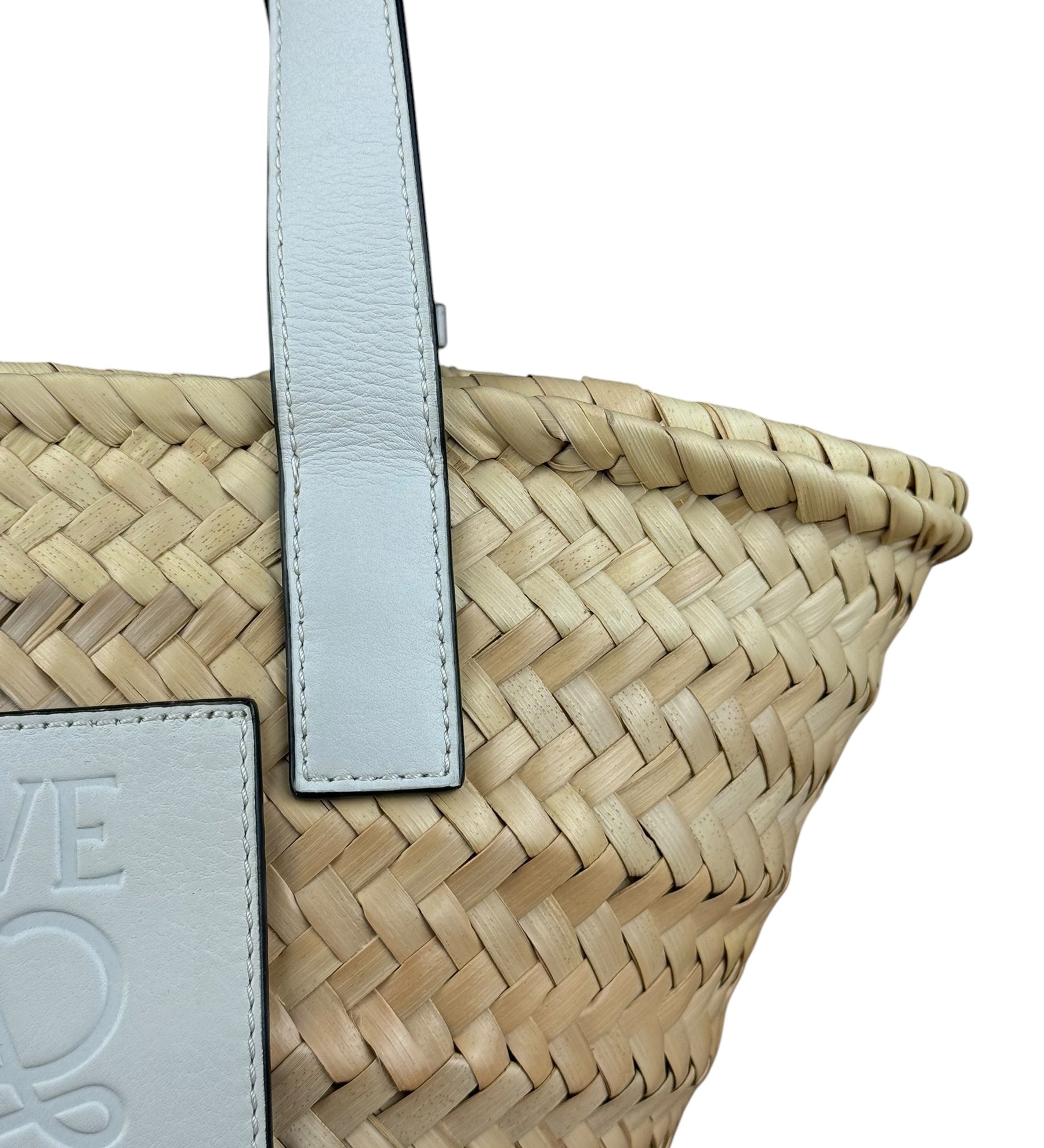 Loewe White Leather Raffia Basket Bag