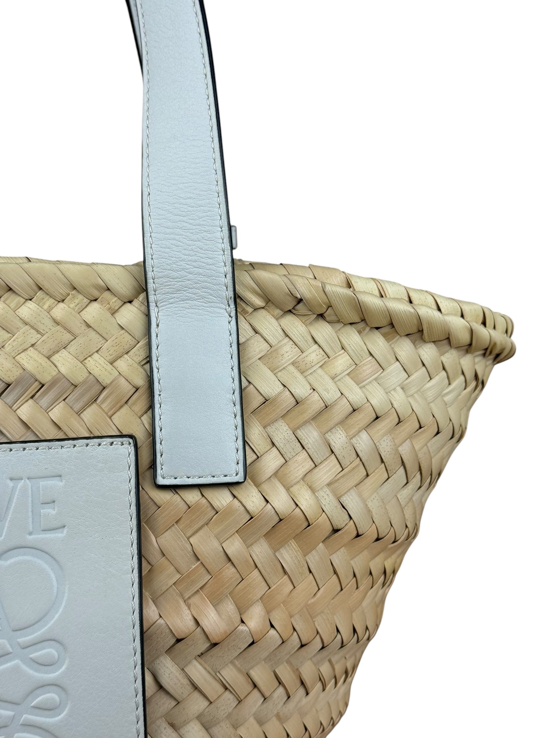 Loewe White Leather Raffia Basket Bag