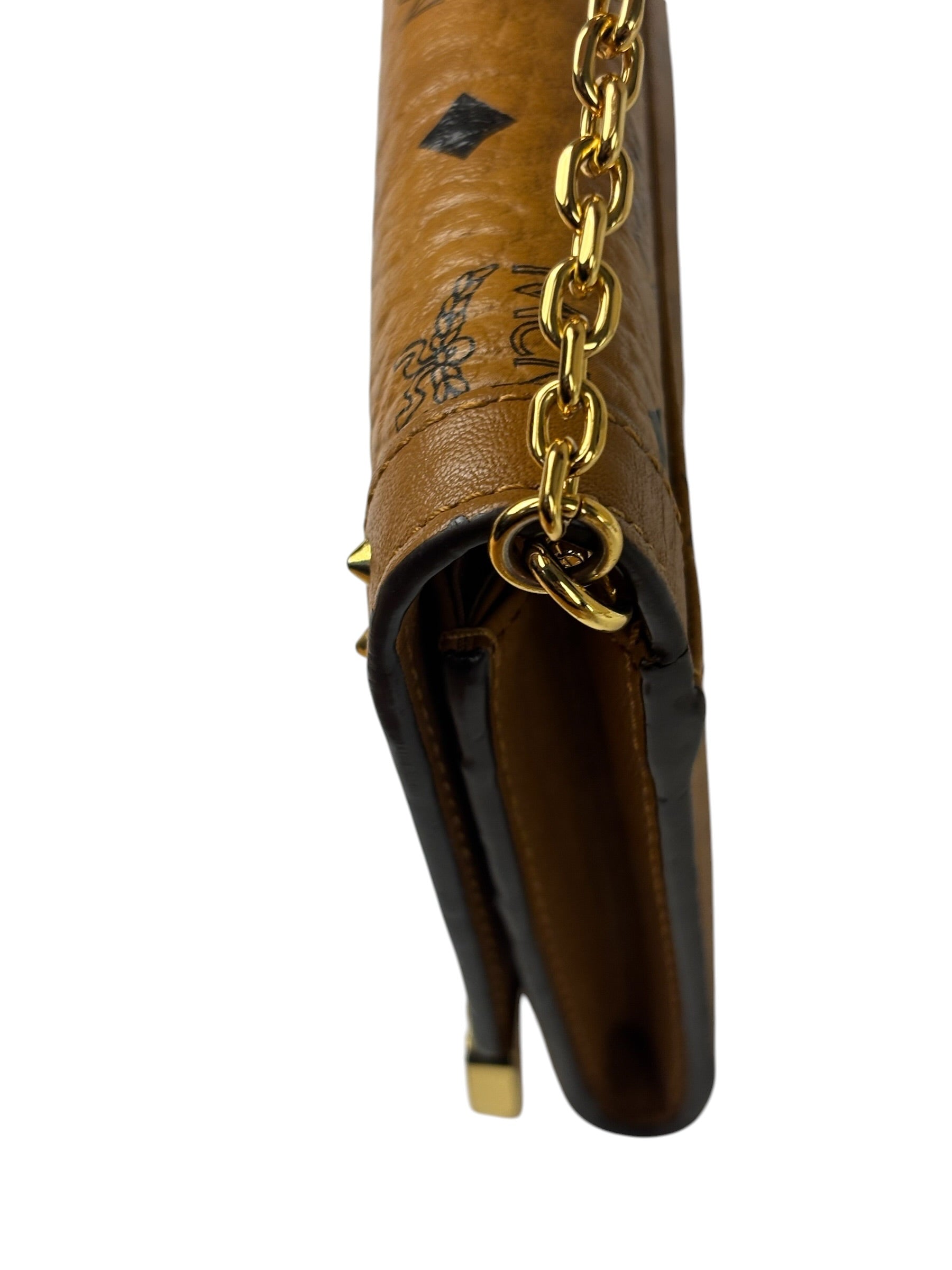 MCM Brown Leather Monogram Studded Long Wallet On Chain