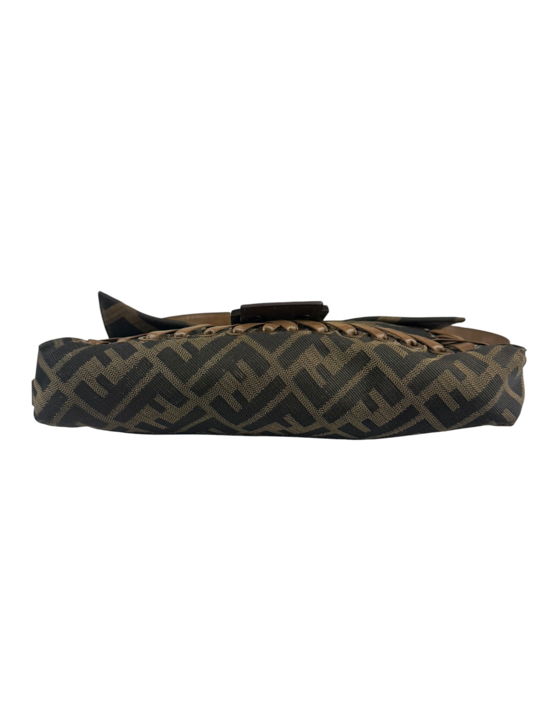 Fendi Vintage Brown Leather Trim Zucca Whipstitch XL Baguette