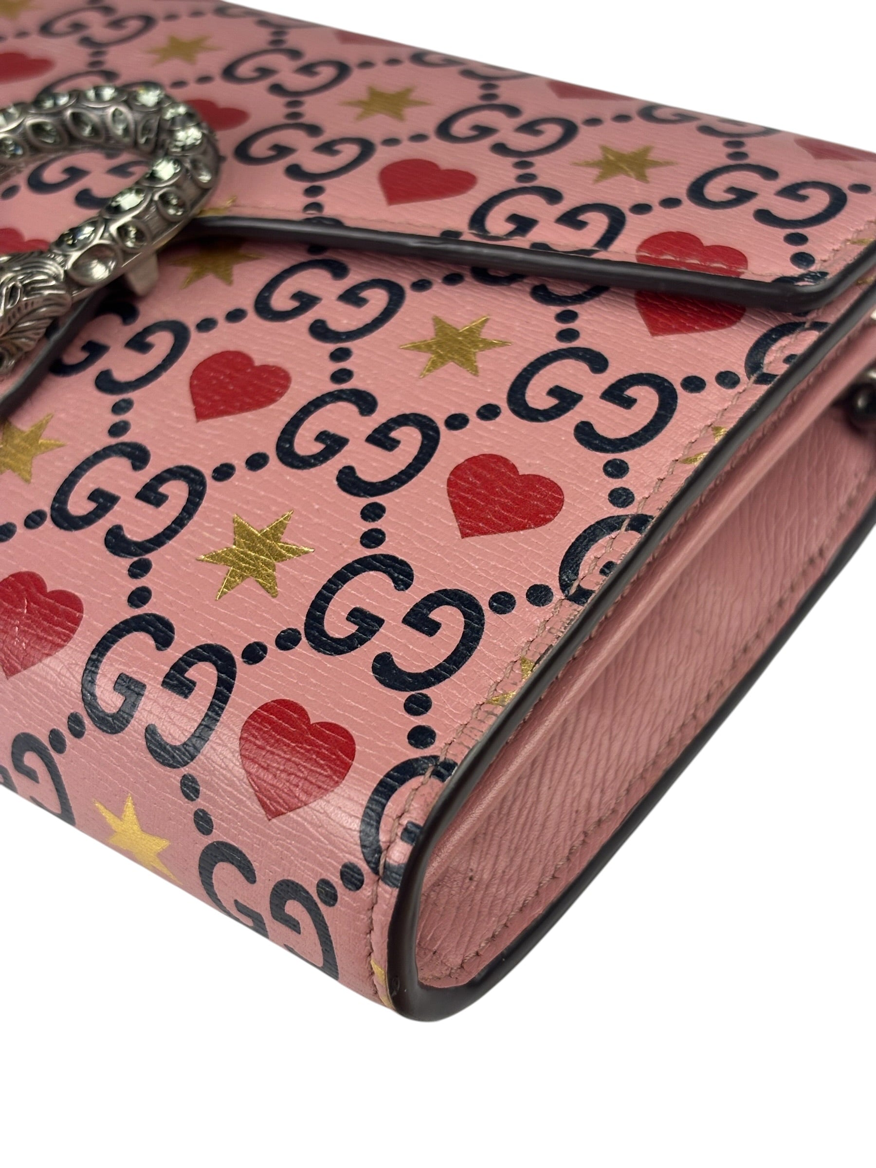 Gucci Pink Leather Dionysus GGCrystal Valentines Small Wallet On Chain