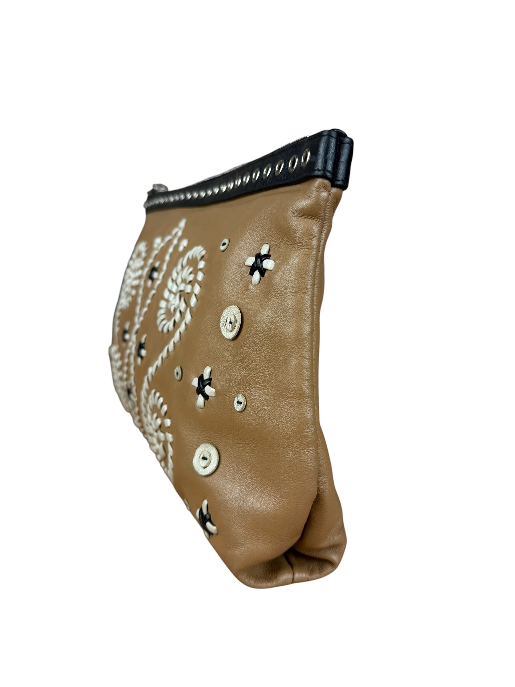 Prada Vintage Camel Leather Embroidery Clutch