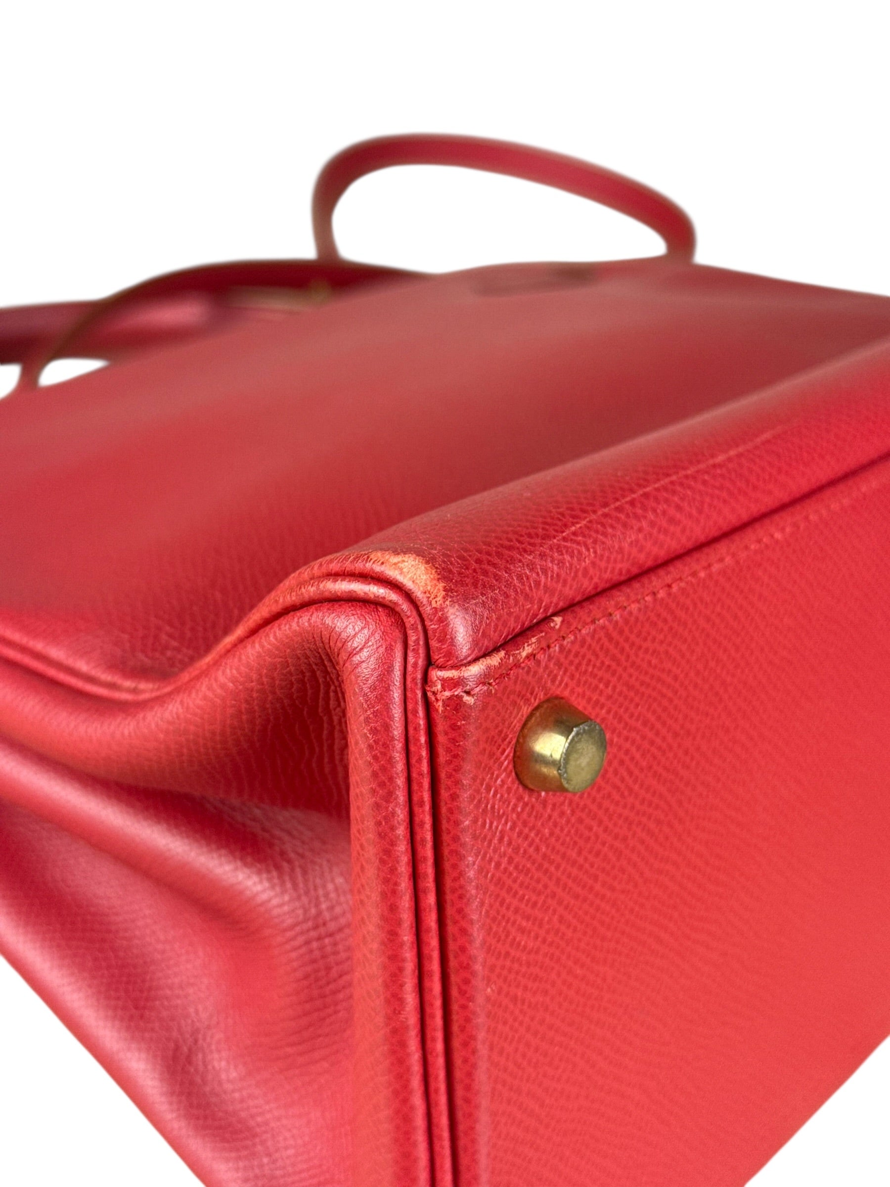 Hermes Kelly 32 Courchevel Rouge Vif Gold Handbag 1997
