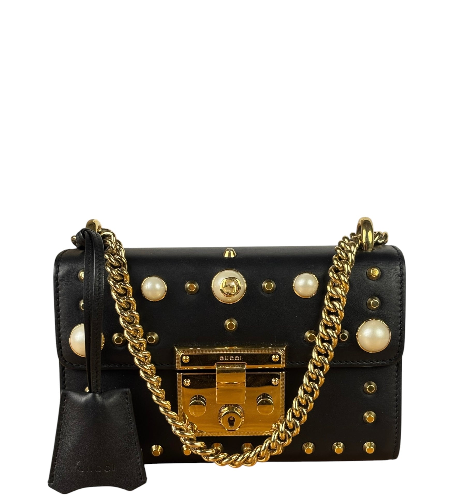 Gucci Small Pearl Studded Leather Padlock Crossbody Black