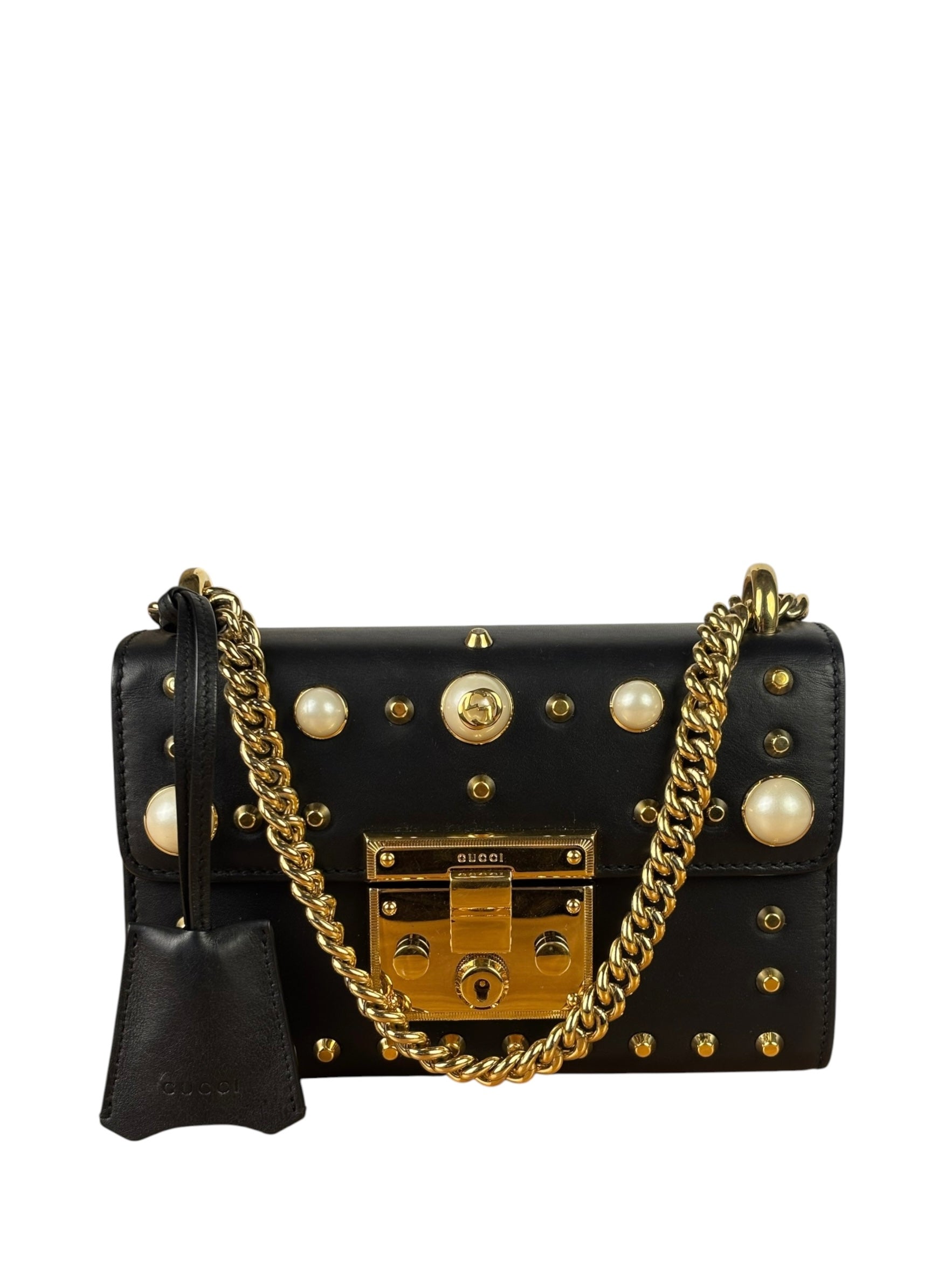 Gucci Small Pearl Studded Leather Padlock Crossbody Black