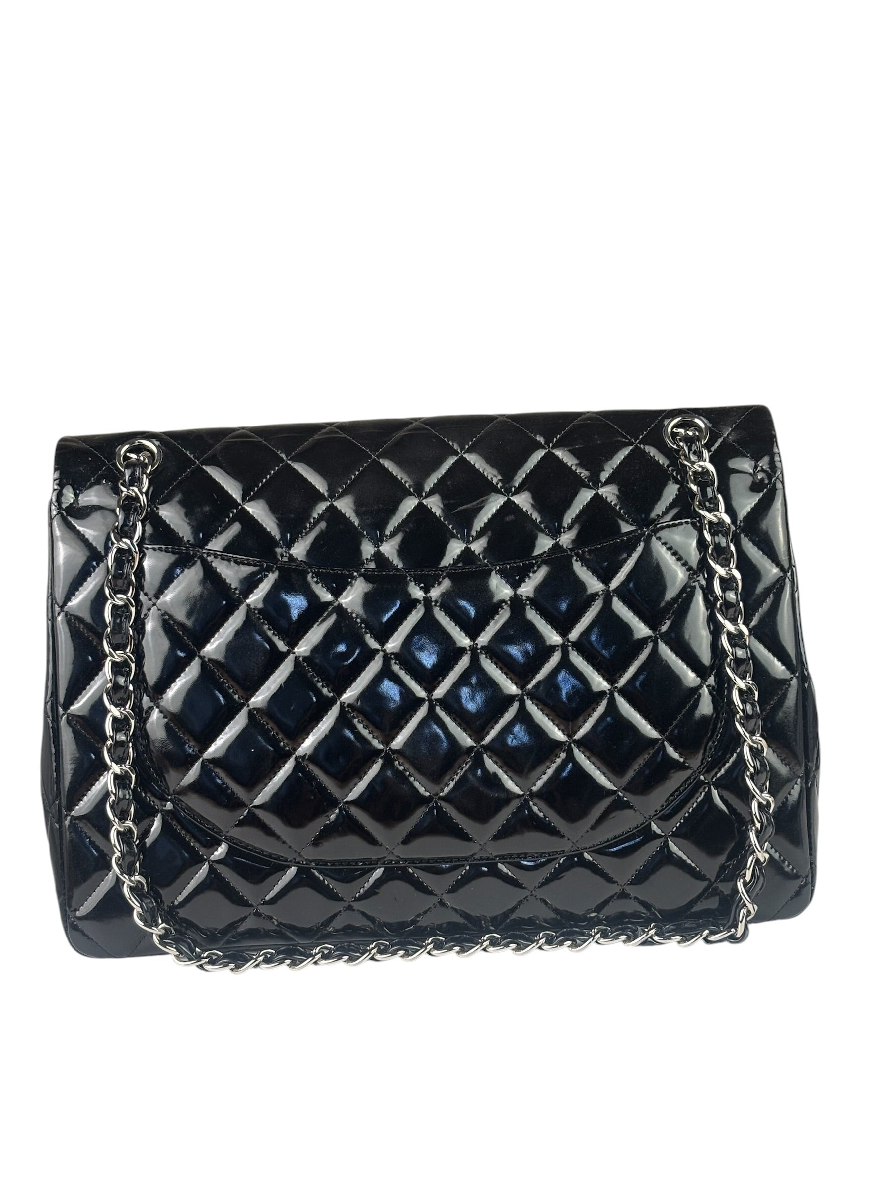 Chanel Black Patent Leather Quilted Leather Double Flap Jumbo Bag 2012