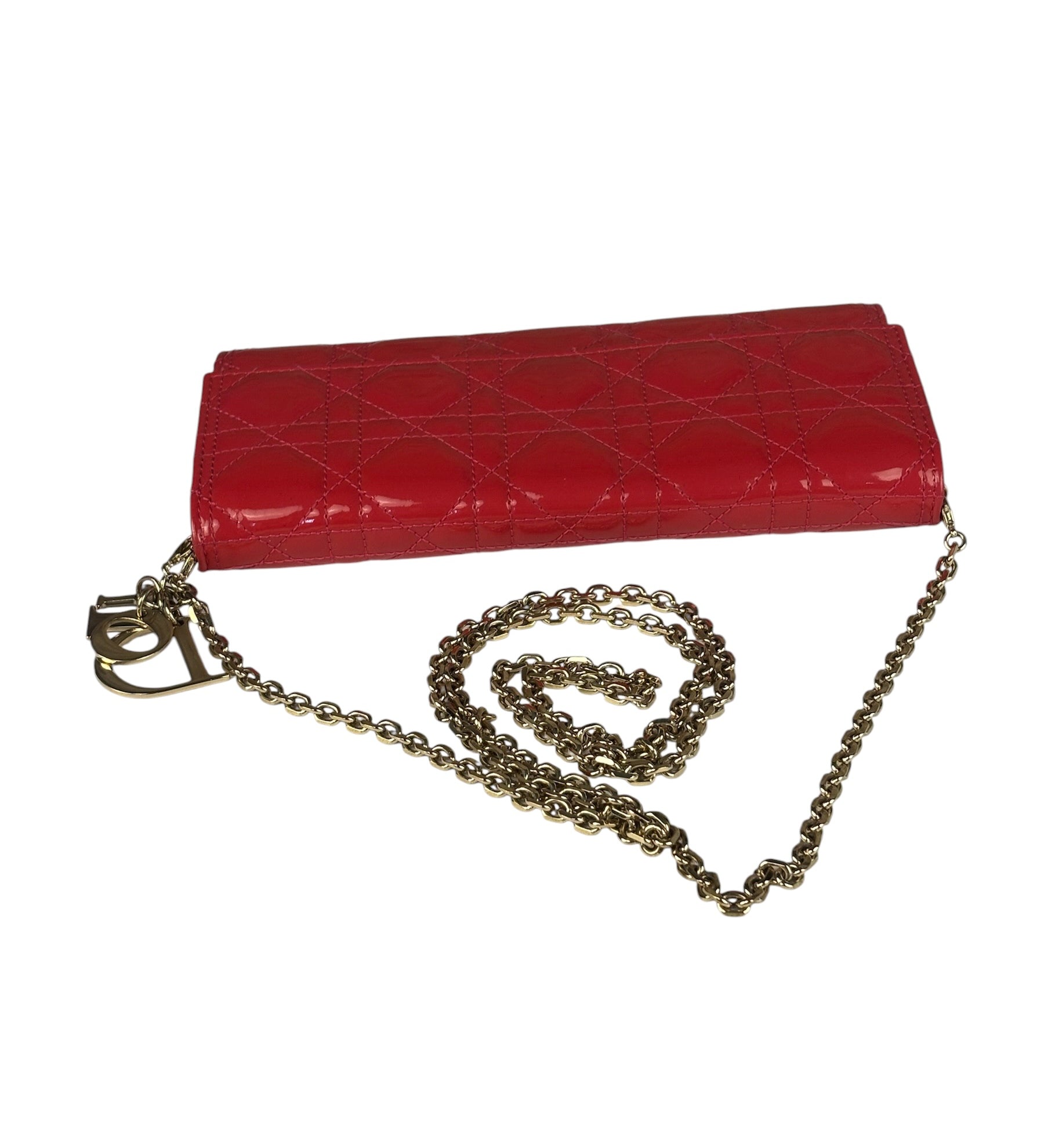 Christian Dior Cannage Red Patent Leather Wallet On Chain