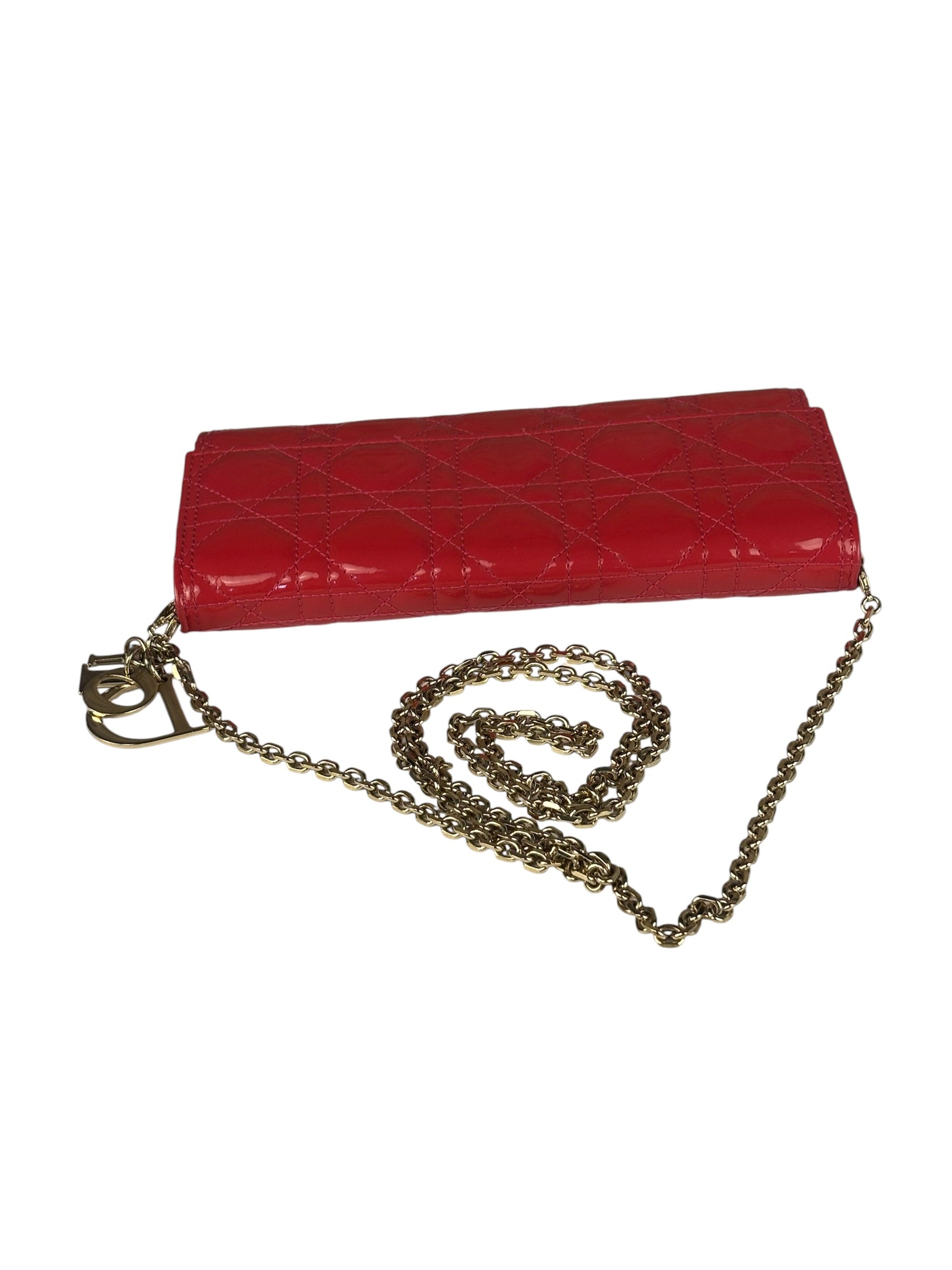 Christian Dior Cannage Red Patent Leather Wallet On Chain