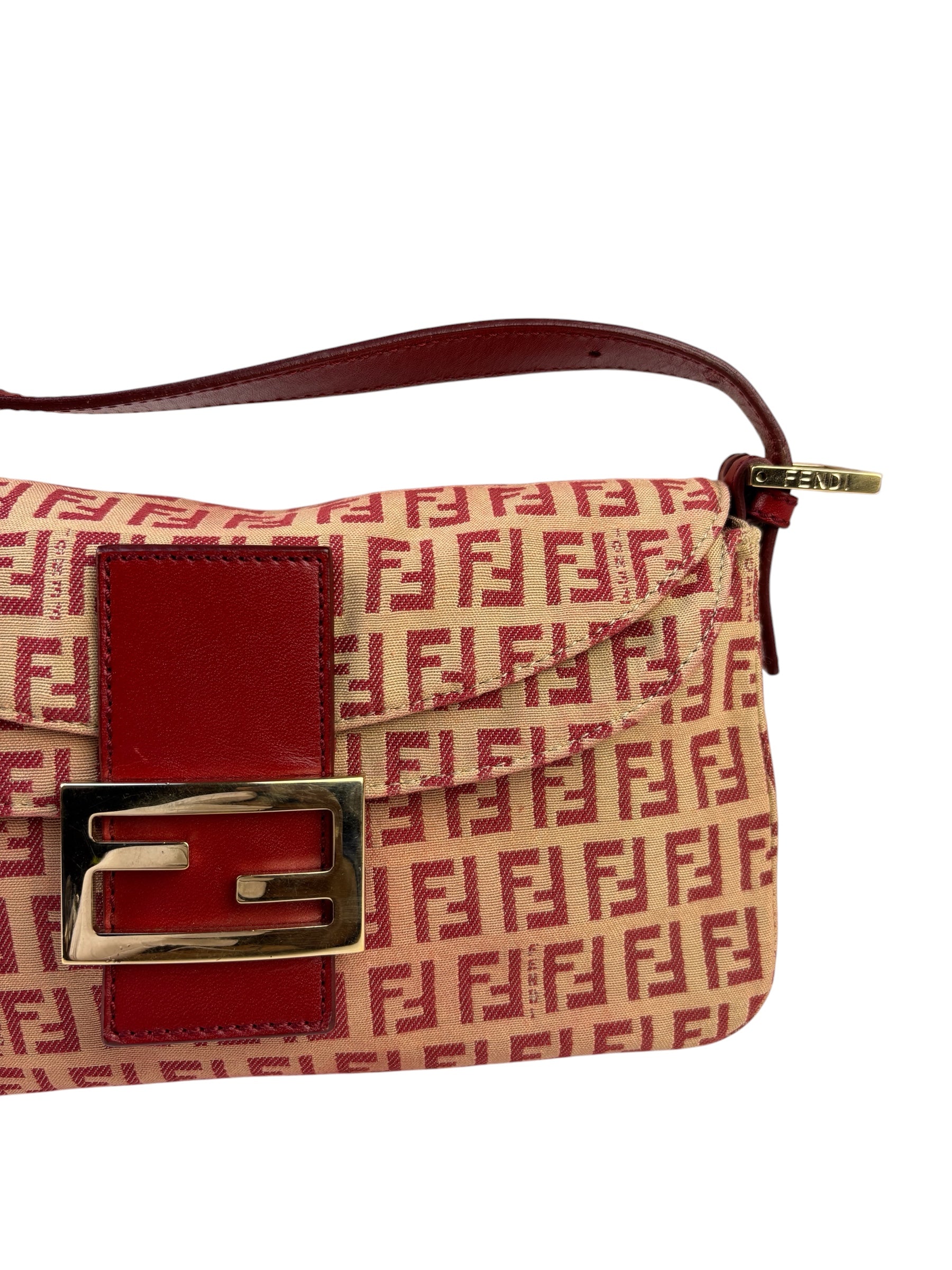 Fendi Red Leather Trim Zucca Baguette