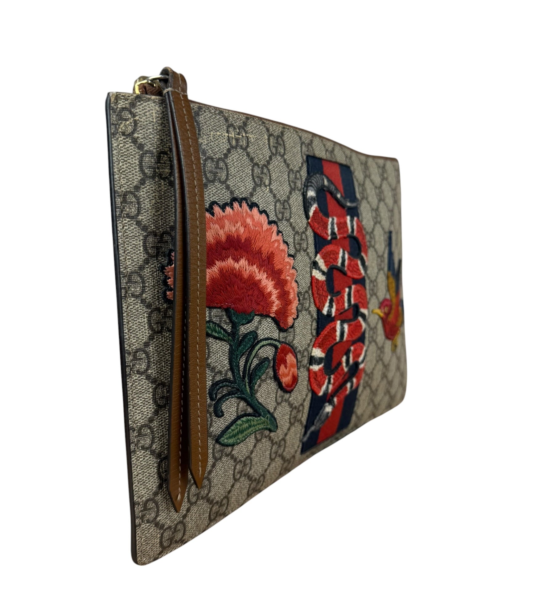Gucci GG Supreme Kingsnake Hummingbird Embroidered Clutch Pouch