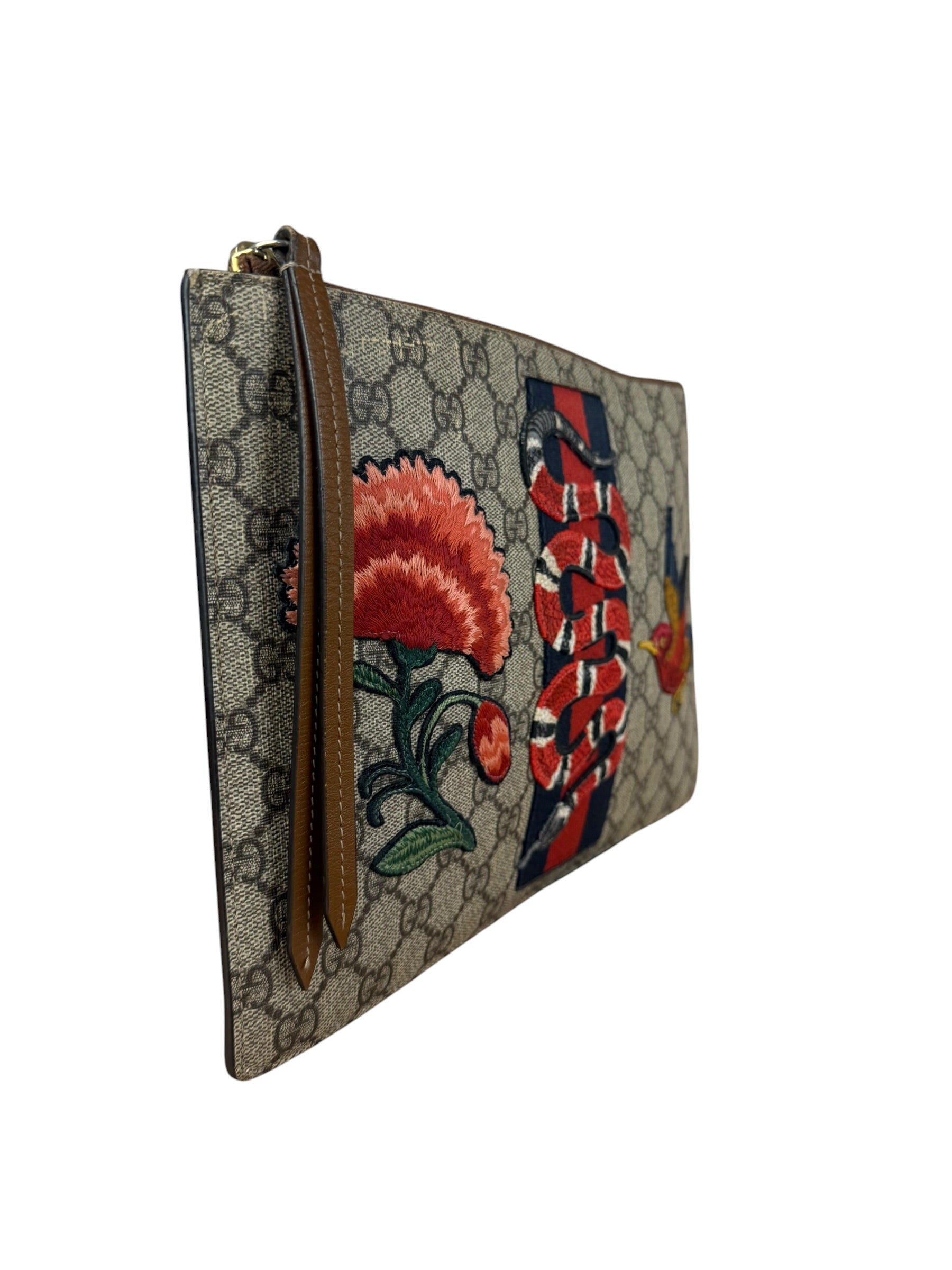 Gucci GG Supreme Kingsnake Hummingbird Embroidered Clutch Pouch
