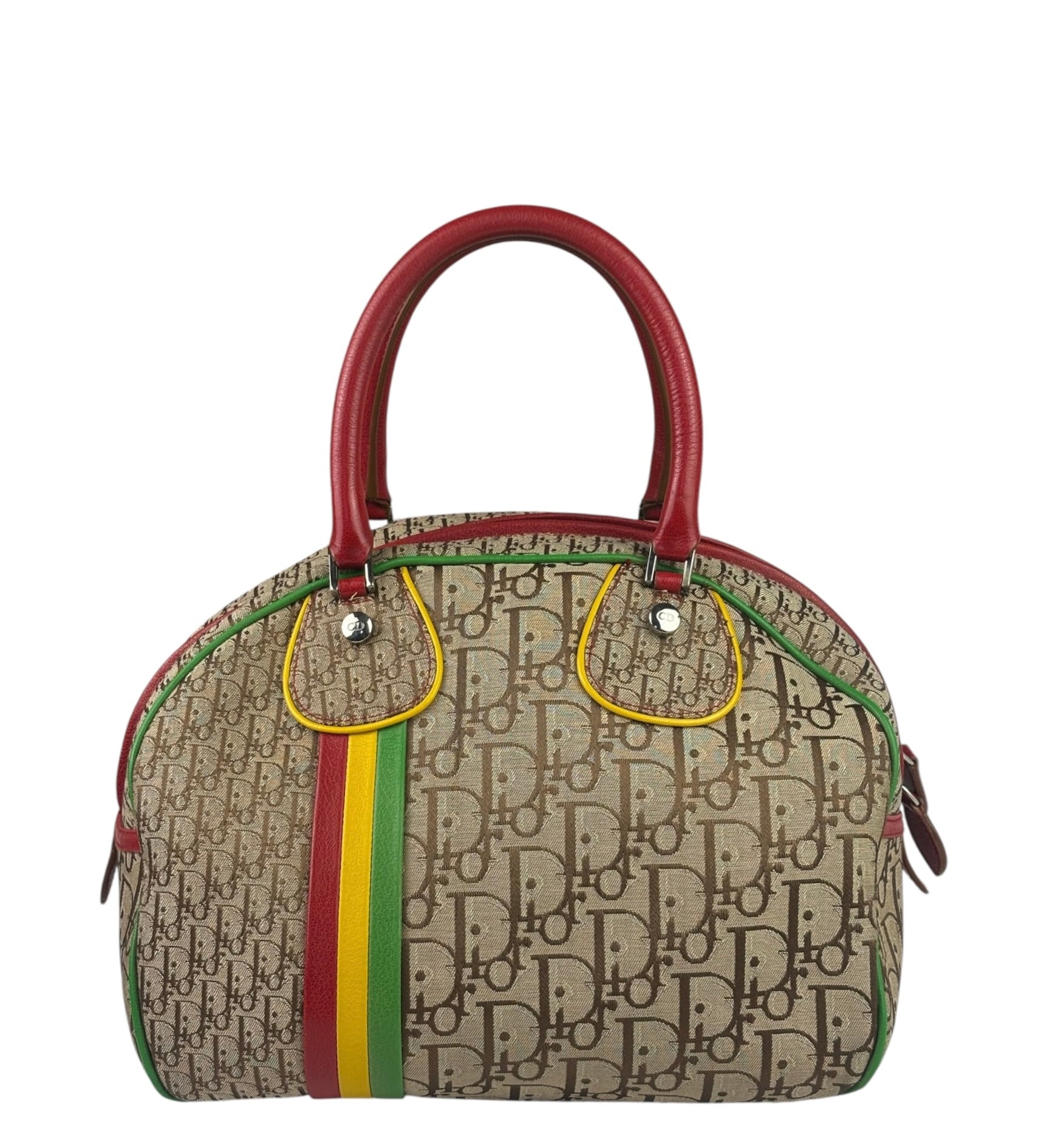 Christian Dior Vintage Beige/Brown Leather Trim Rasta Bowler Bag