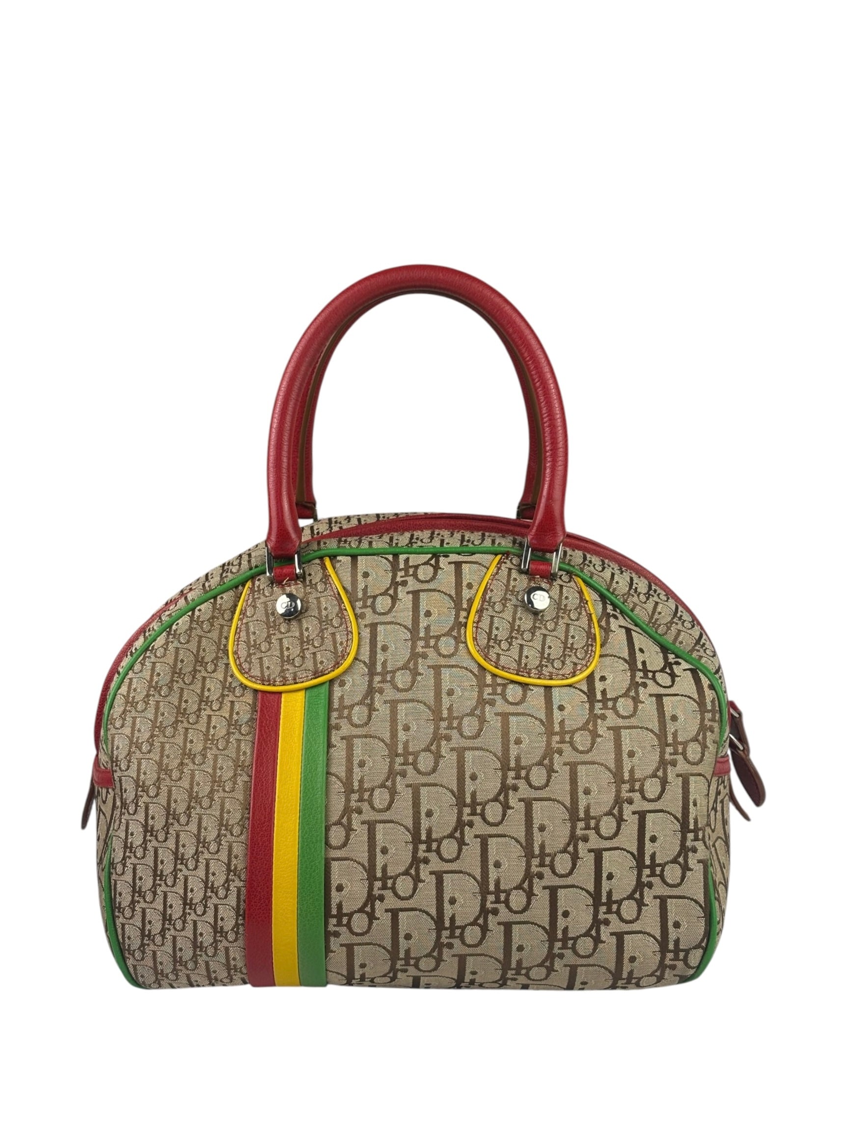 Christian Dior Vintage Beige/Brown Leather Trim Rasta Bowler Bag