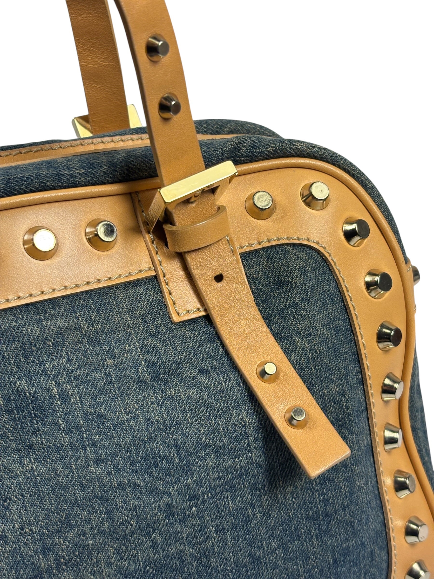 Fendi Blue/Brown Denim/Leather Trim Studded Shoulder Bag