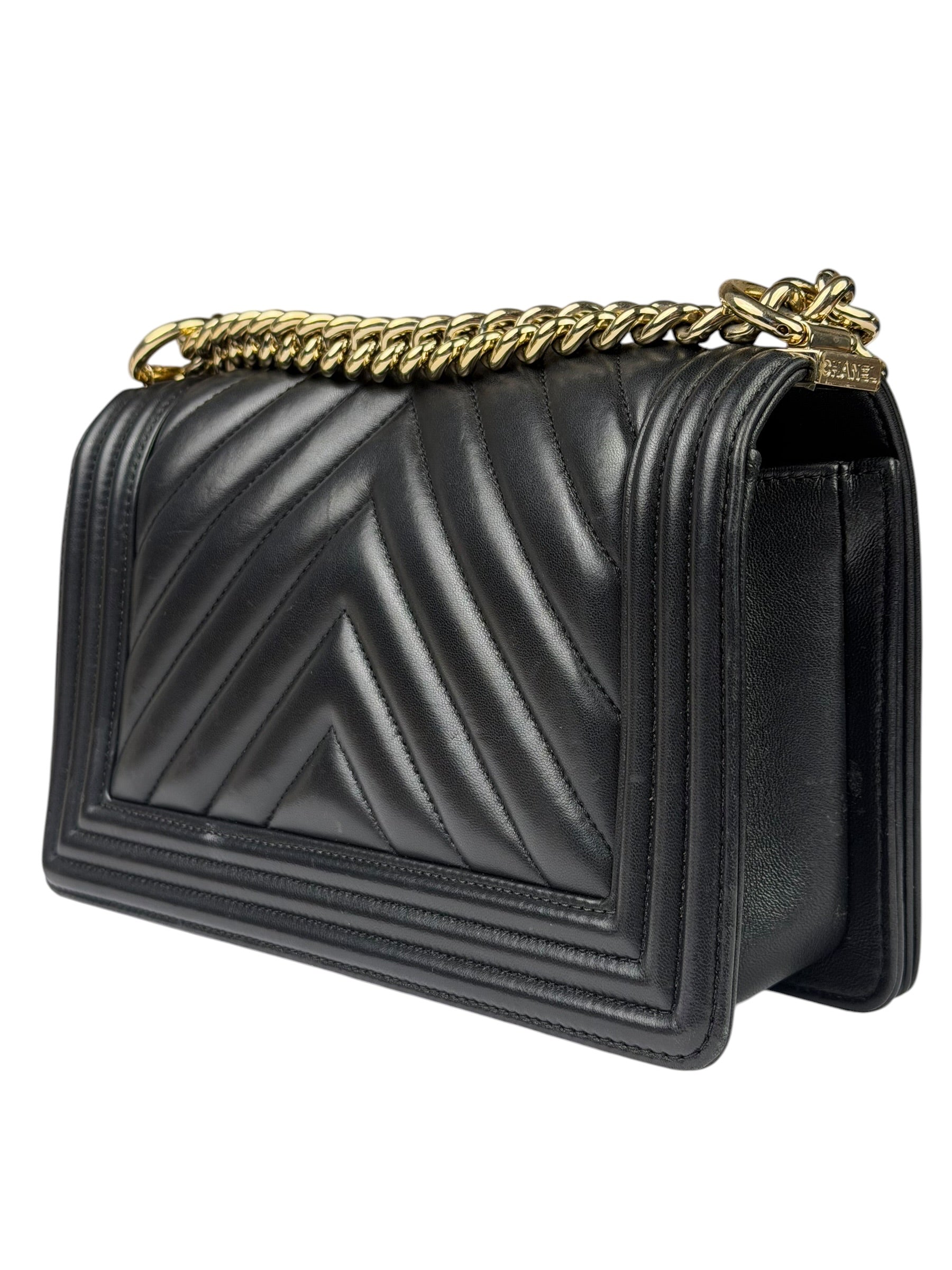 Chanel Black Chevron Leather Boy Medium Flap Bag 2017