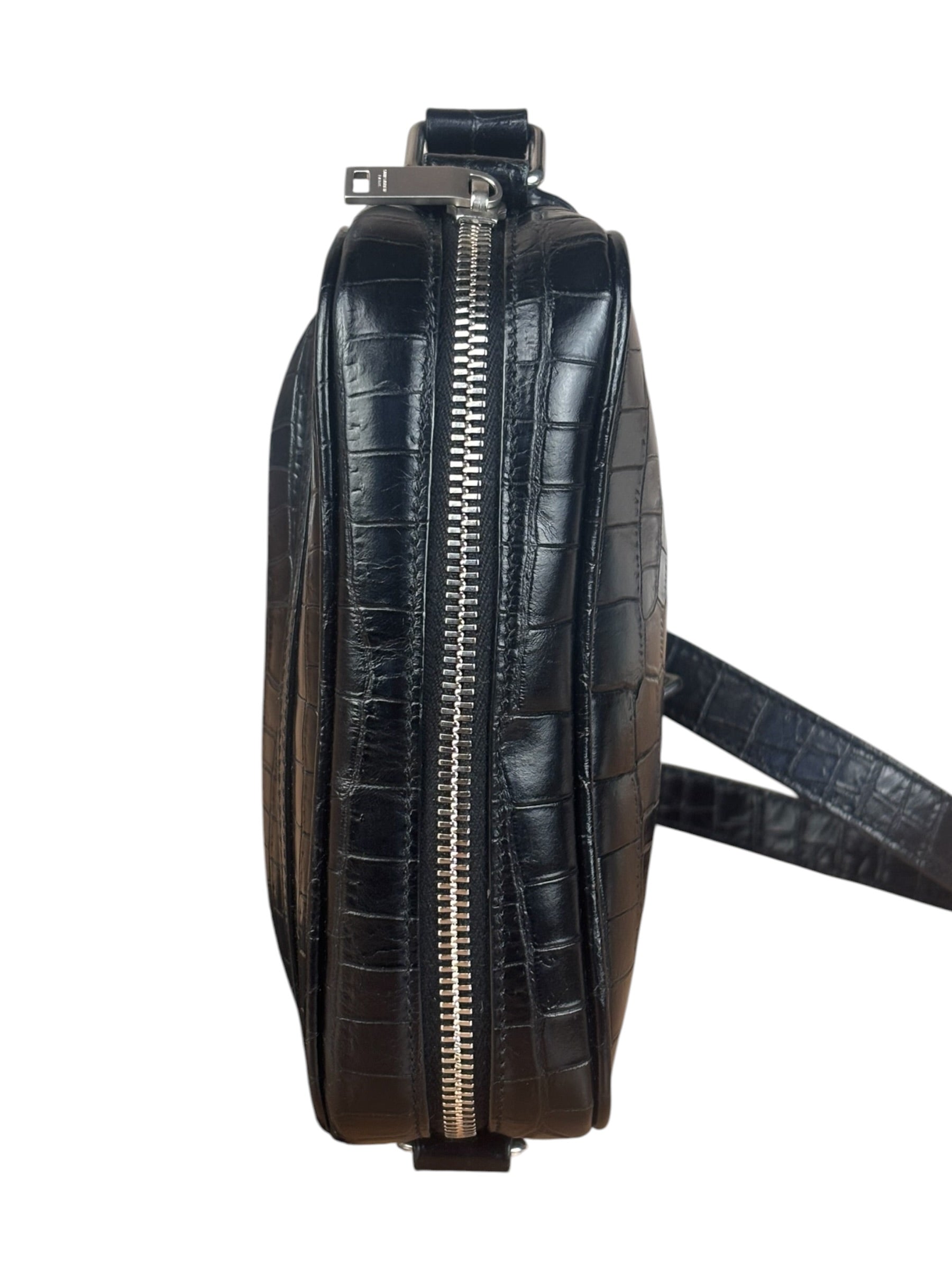 Saint Laurent Crocodile Embossed Leather Camera Bag Black