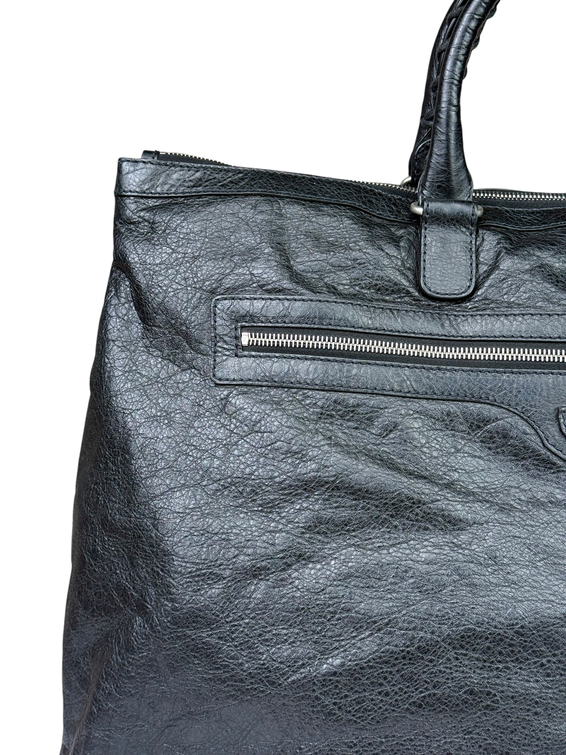Balenciaga Black Leather Moto Bridge Zip Overnight Tote