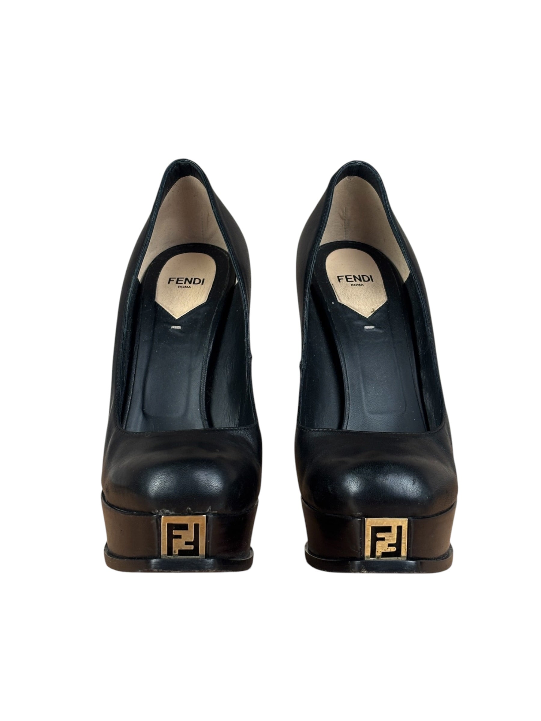 Fendi Black nappa Leather Platform Pumps Fendista Heels