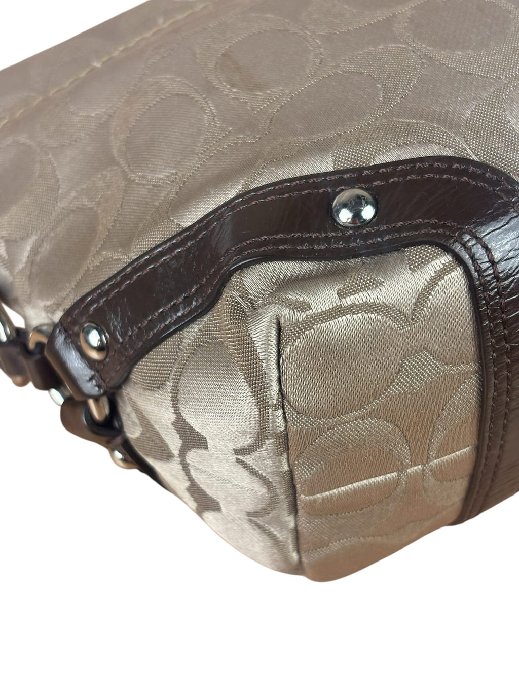Coach Beige/Brown Leather Trim Signature Mini Carly Hobo Bag