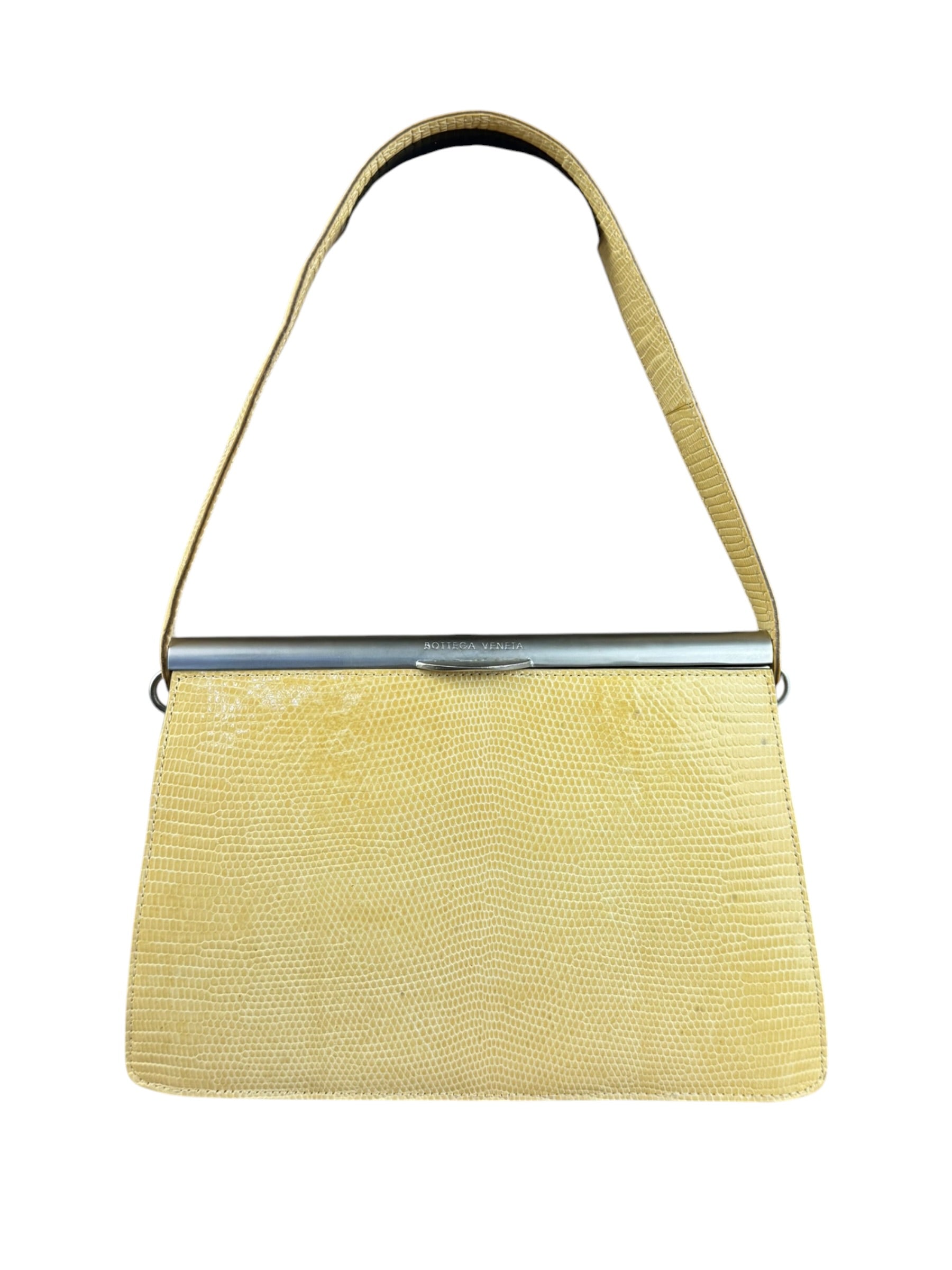 Bottega Veneta Vintage Yellow Lizard Print Clasp Handbag