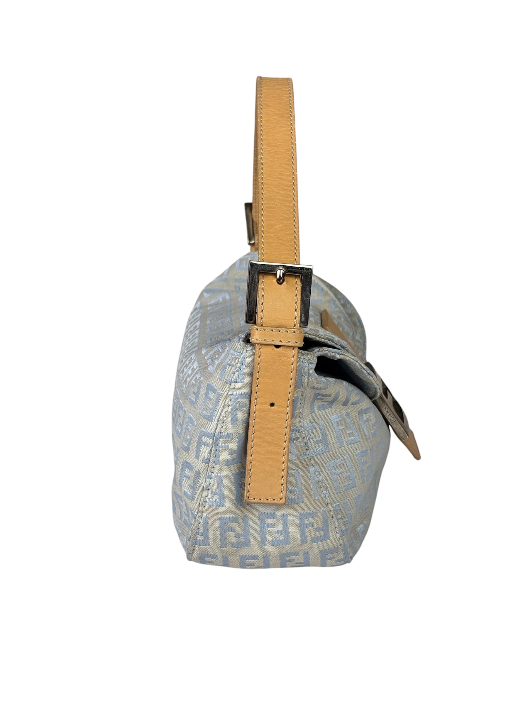 Fendi Leather Light Blue Trim Zucca Baguette