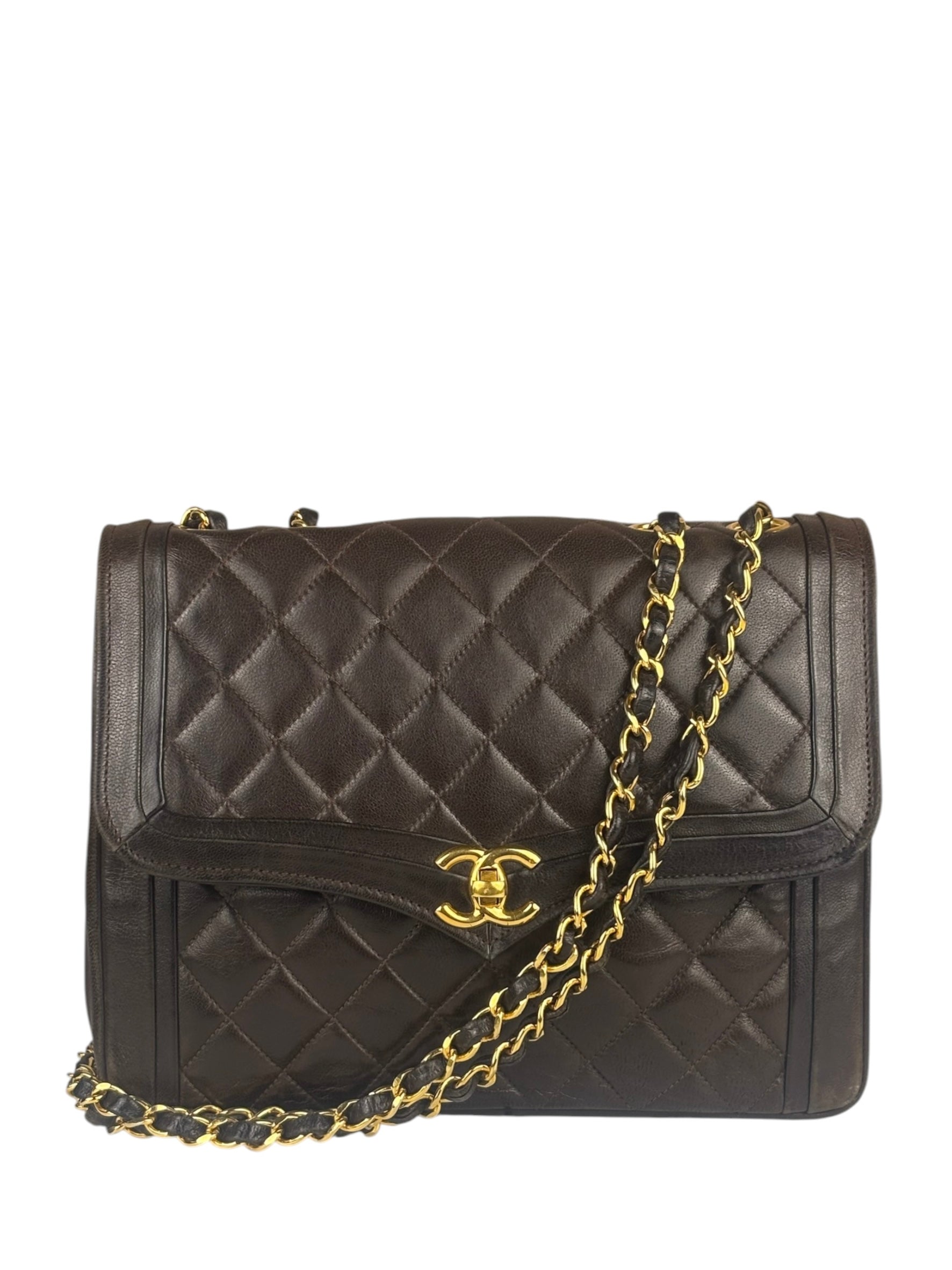 Chanel Vintage Brown V-Flap Border Shoulder Bag