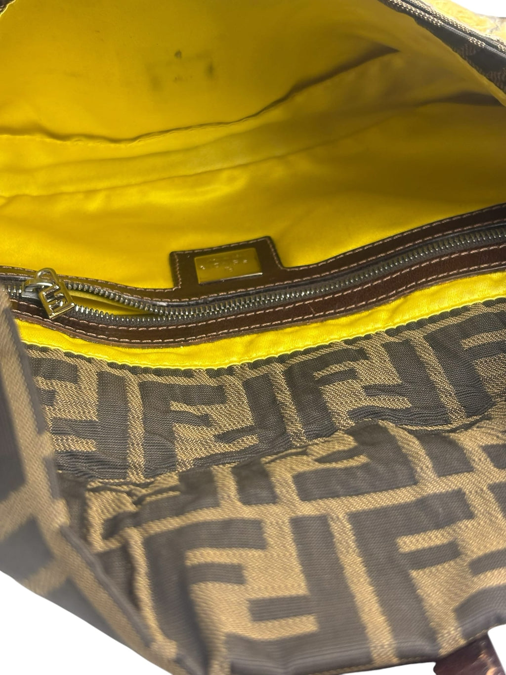 Fendi Brown Leather Trim Zucca Floral Embroidered Baguette