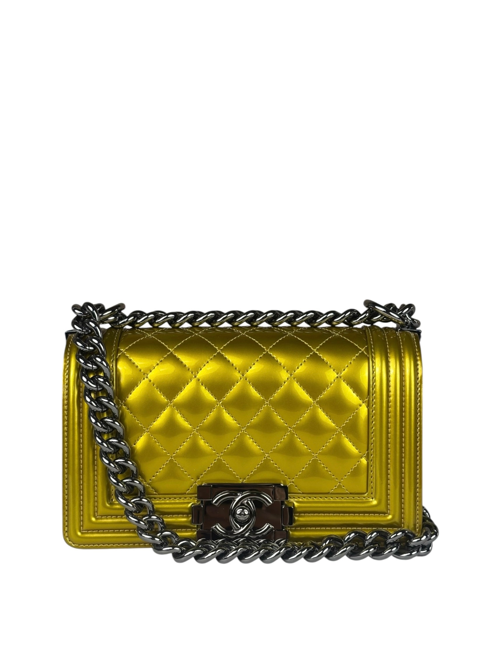 Chanel Metallic Yellow Quilted Patent Leather Mini Boy Flap Bag 2014