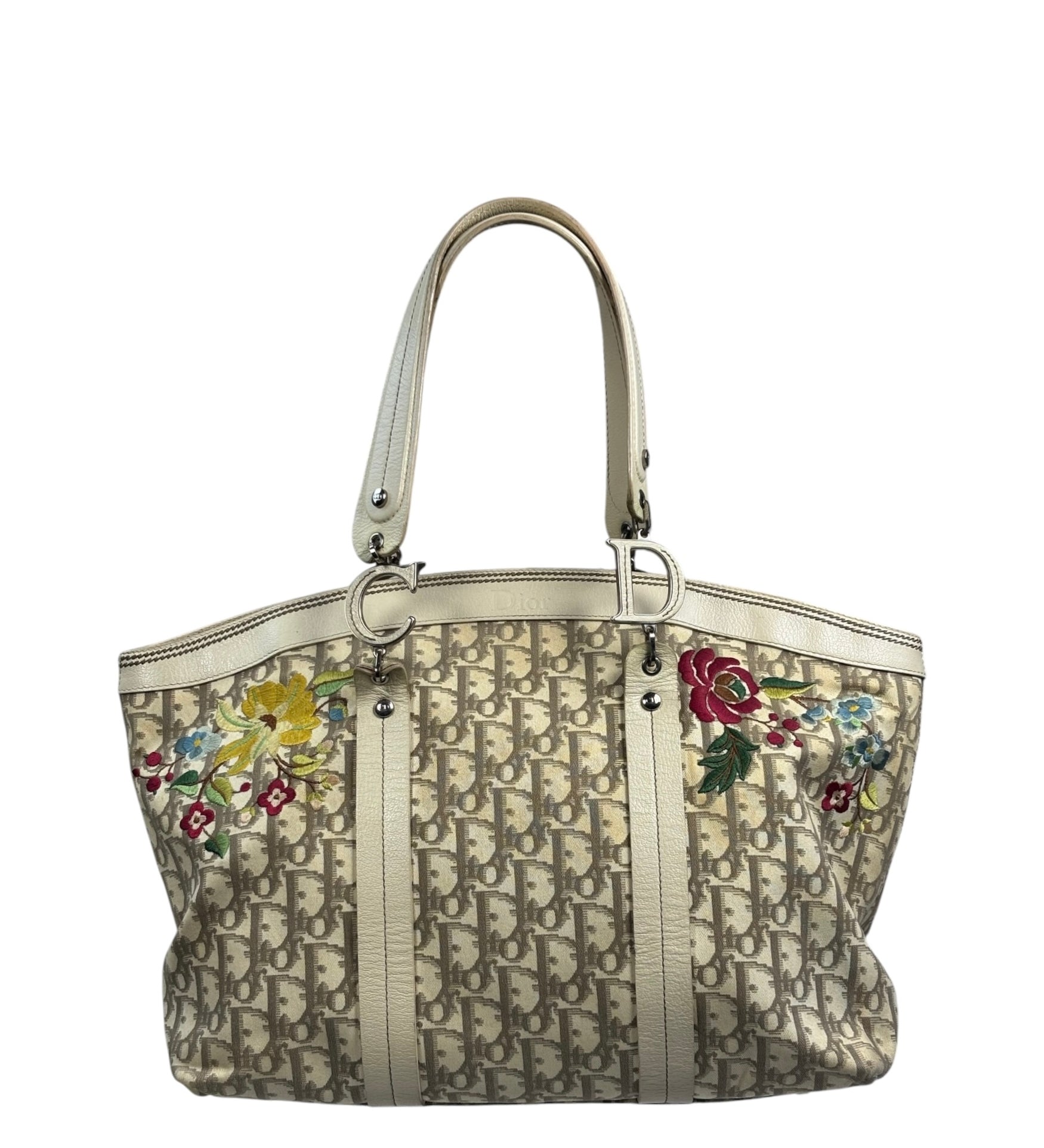 Christian Dior Vintage Beige Leather Trim Flower Embroidered Trotter Tote