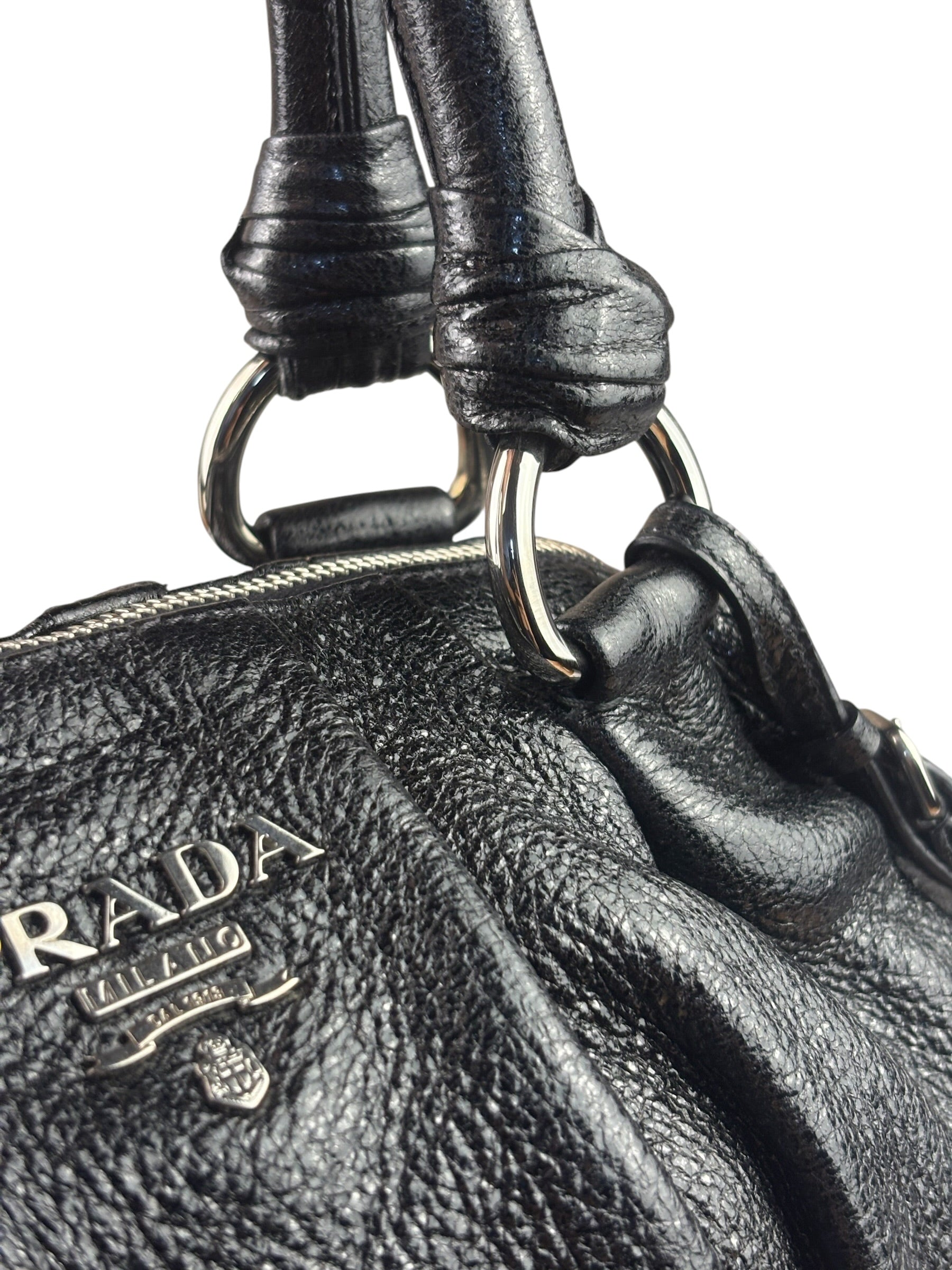 Prada Shiny Black Cervo Pleated Shoulder Bag