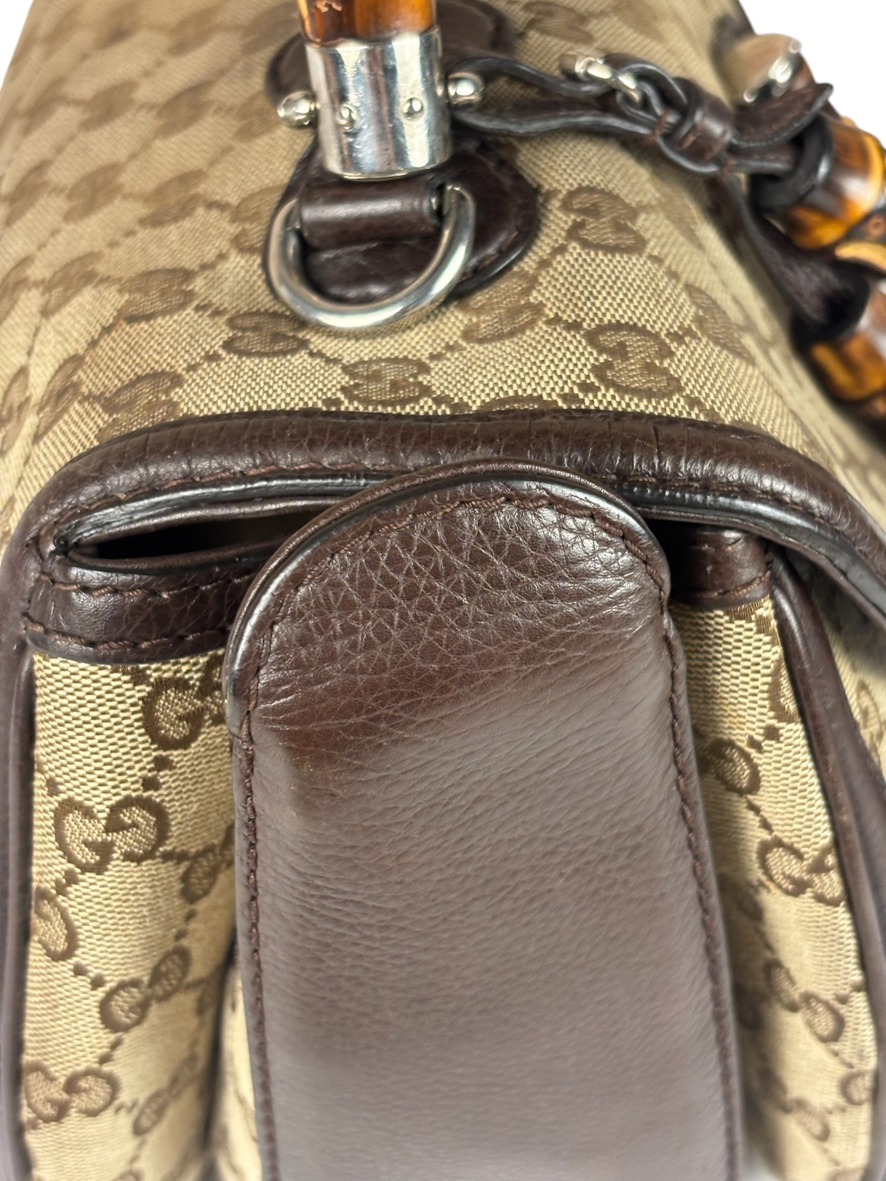 Gucci Brown Leather Trim GG Bamboo Handle Two-Way Bag