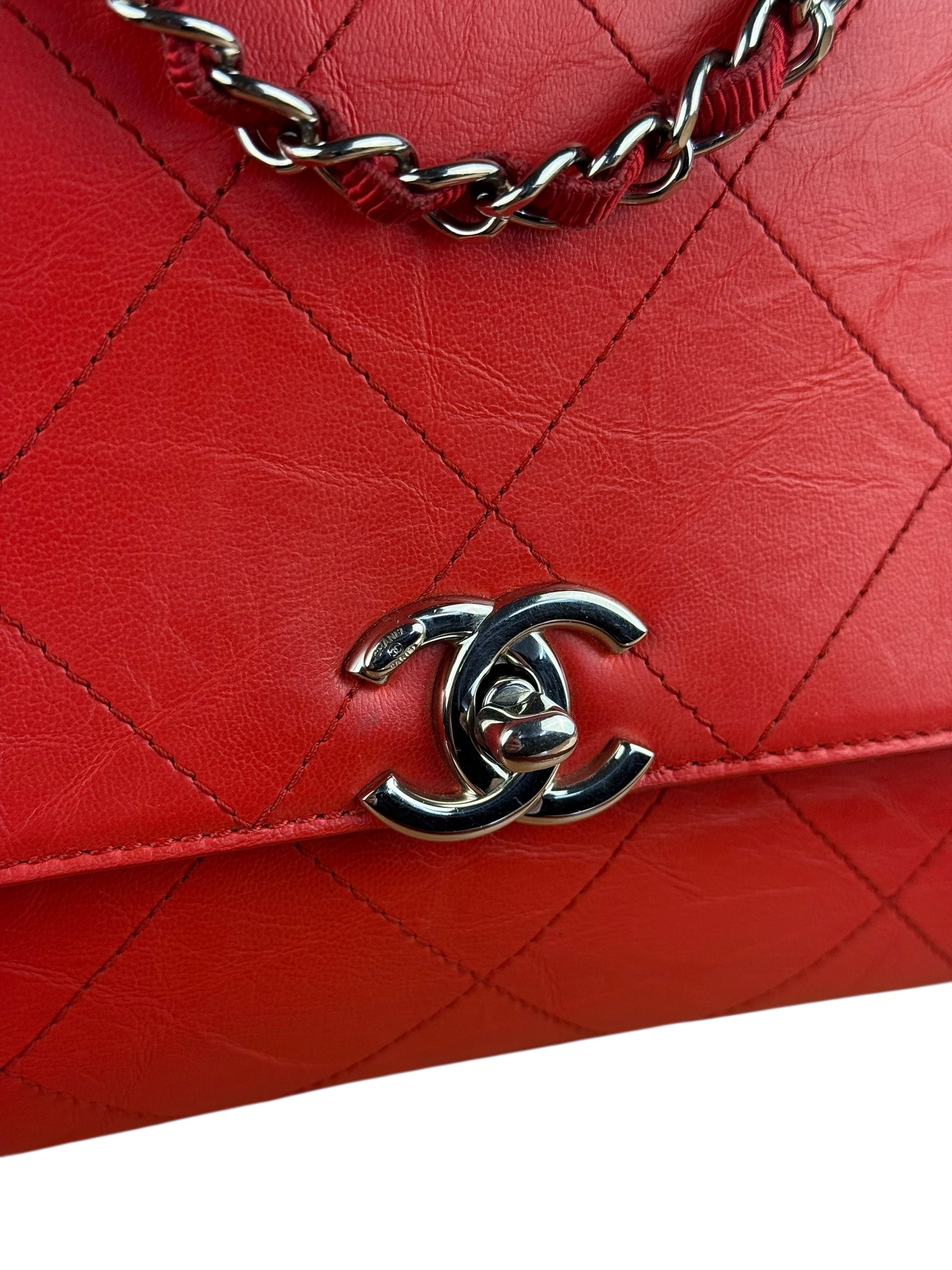 Chanel Red CC Quilted Crumpled Calfskin Flap Bag 2018