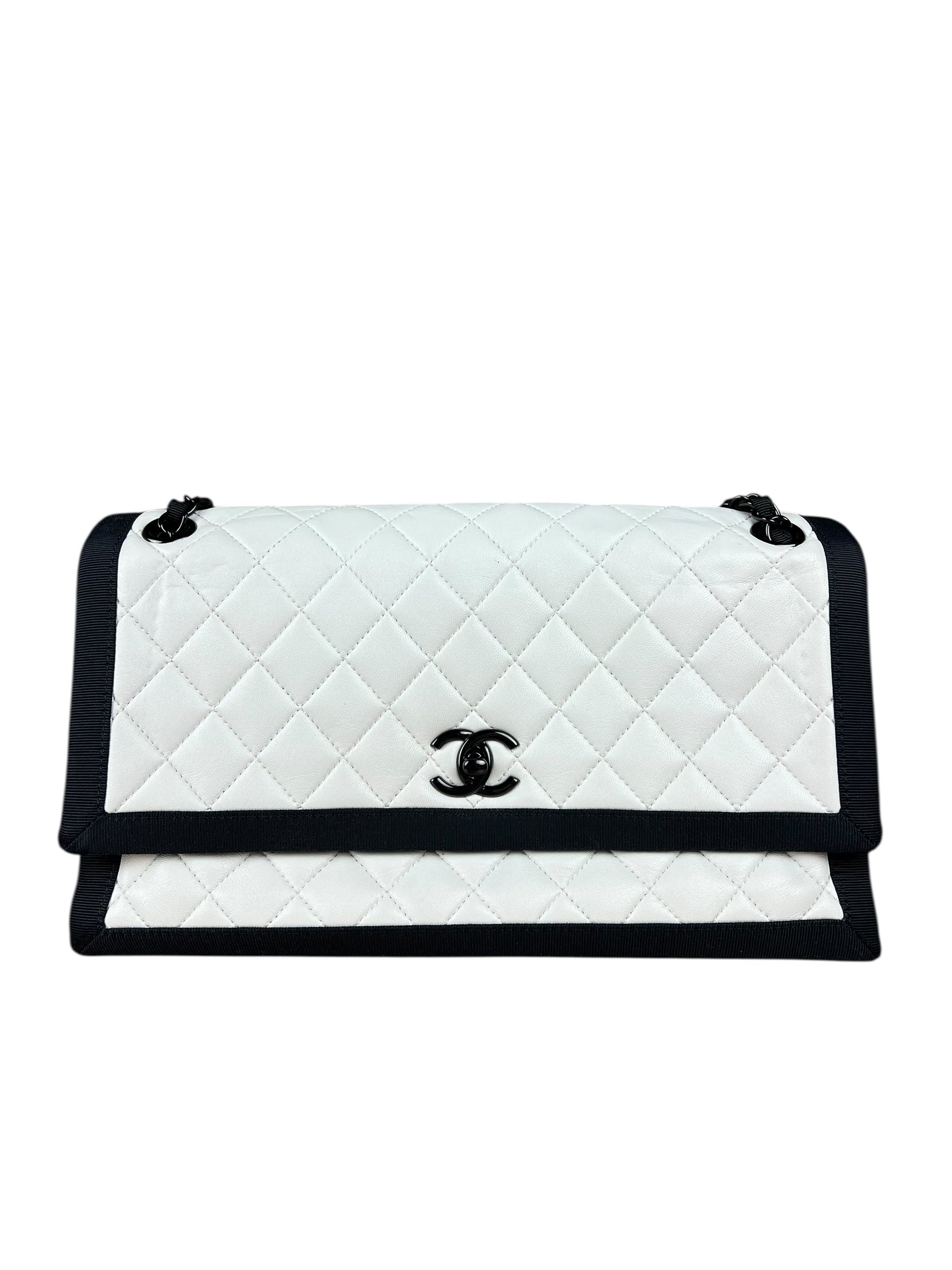 Chanel Quilted Two Tone Leather Flap Bag White