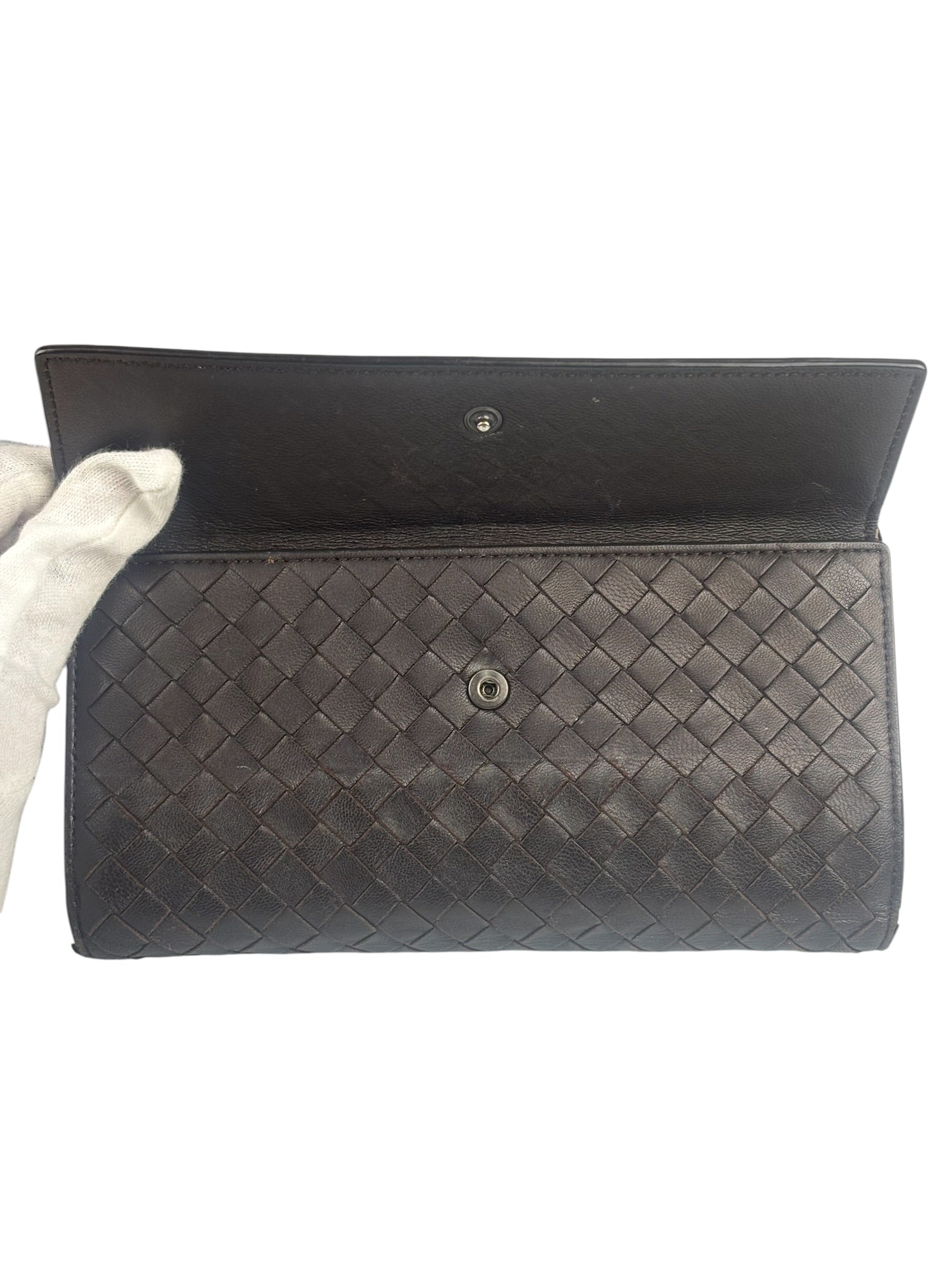 Bottega Veneta Brown Leather Woven Intrecciato Bi-Fold Continental Wallet