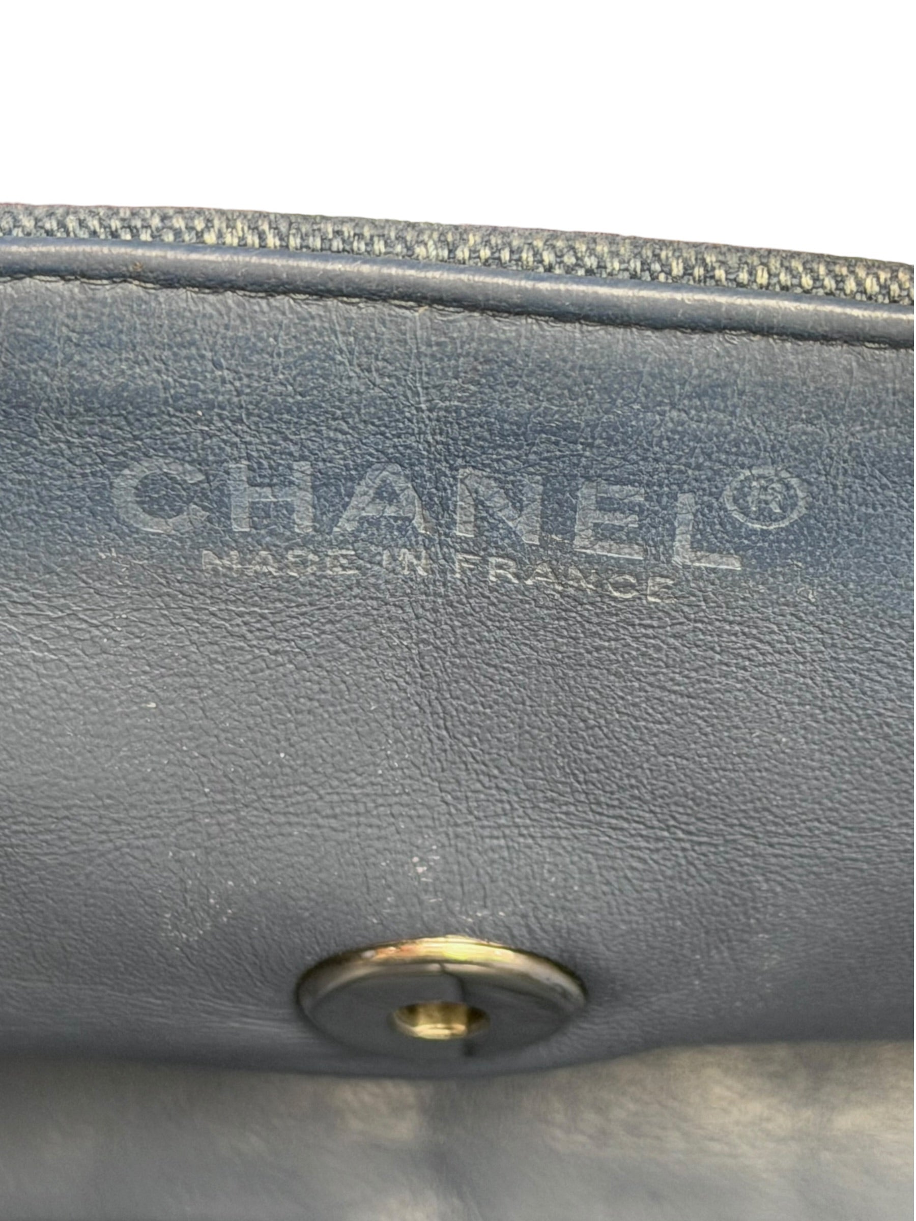 Chanel Blue/Cream Patent Leather Trim East-West Chocolate Bar Shoulder Bag 2002