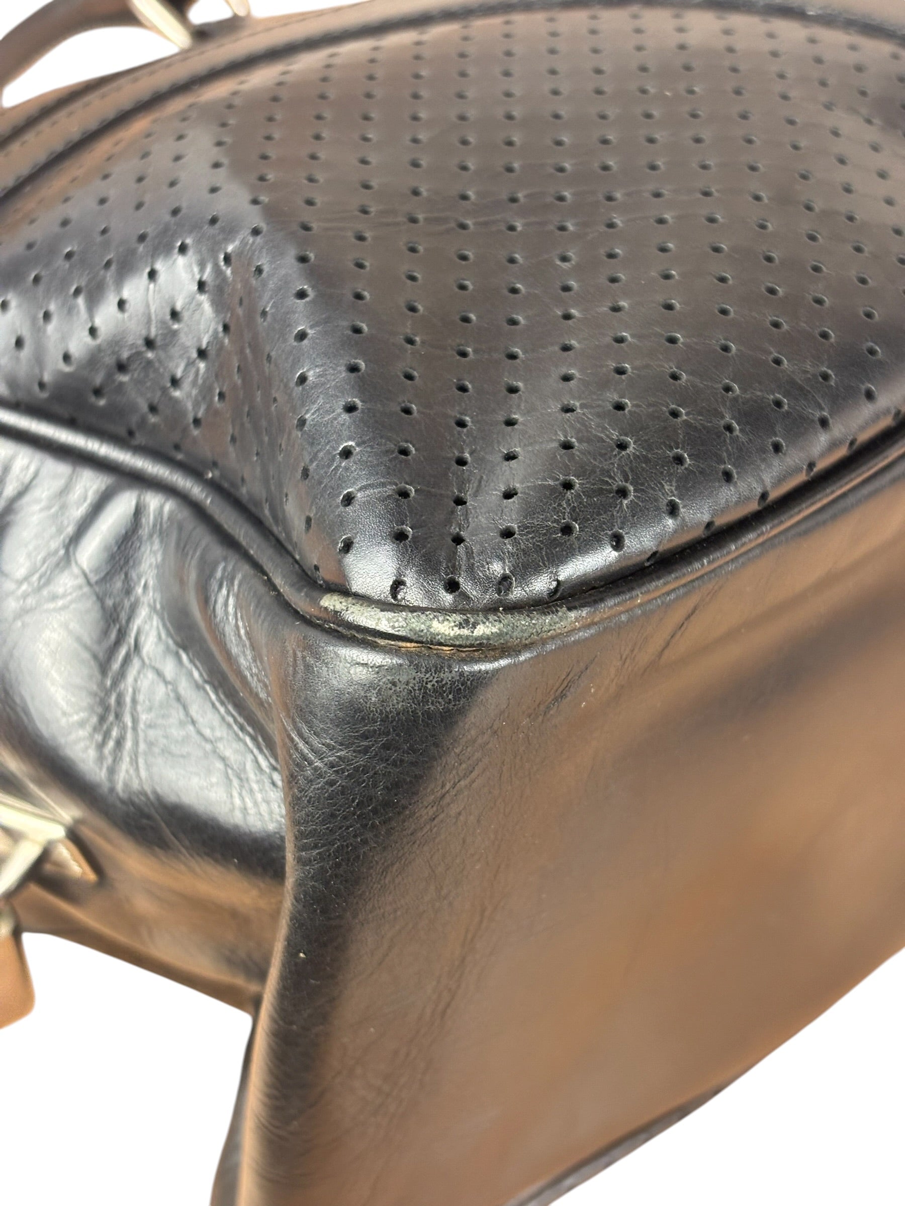 Prada Vintage Black Leather Vitello Drive Perforated Bowling Tote Bag