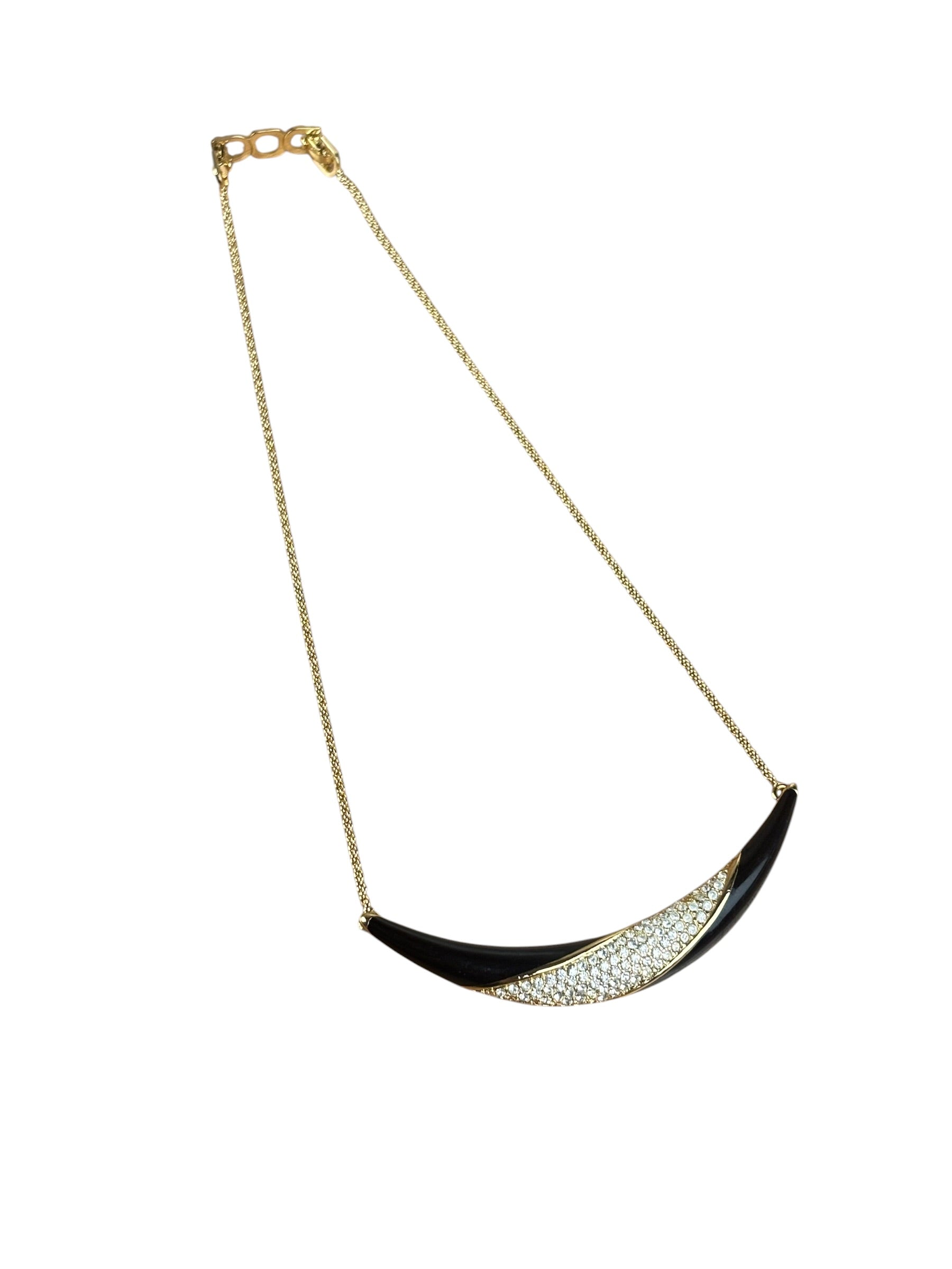 Christian Dior Black Enamel & Pave Rhinestone Crescent Chocker Necklace