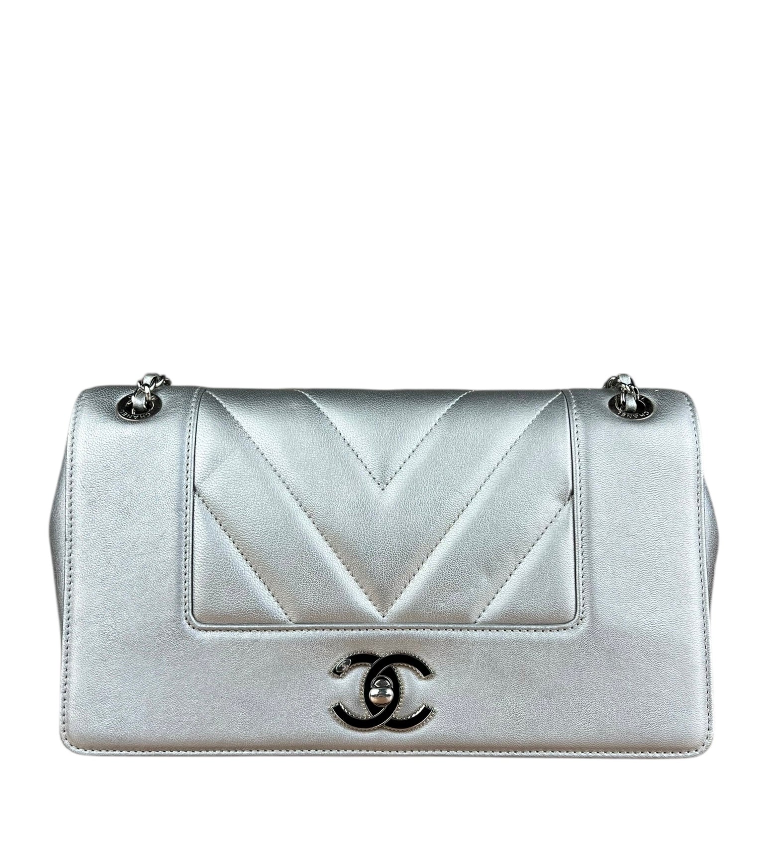 Chanel 2017 Mademoiselle Silver Chevron Single Flap
