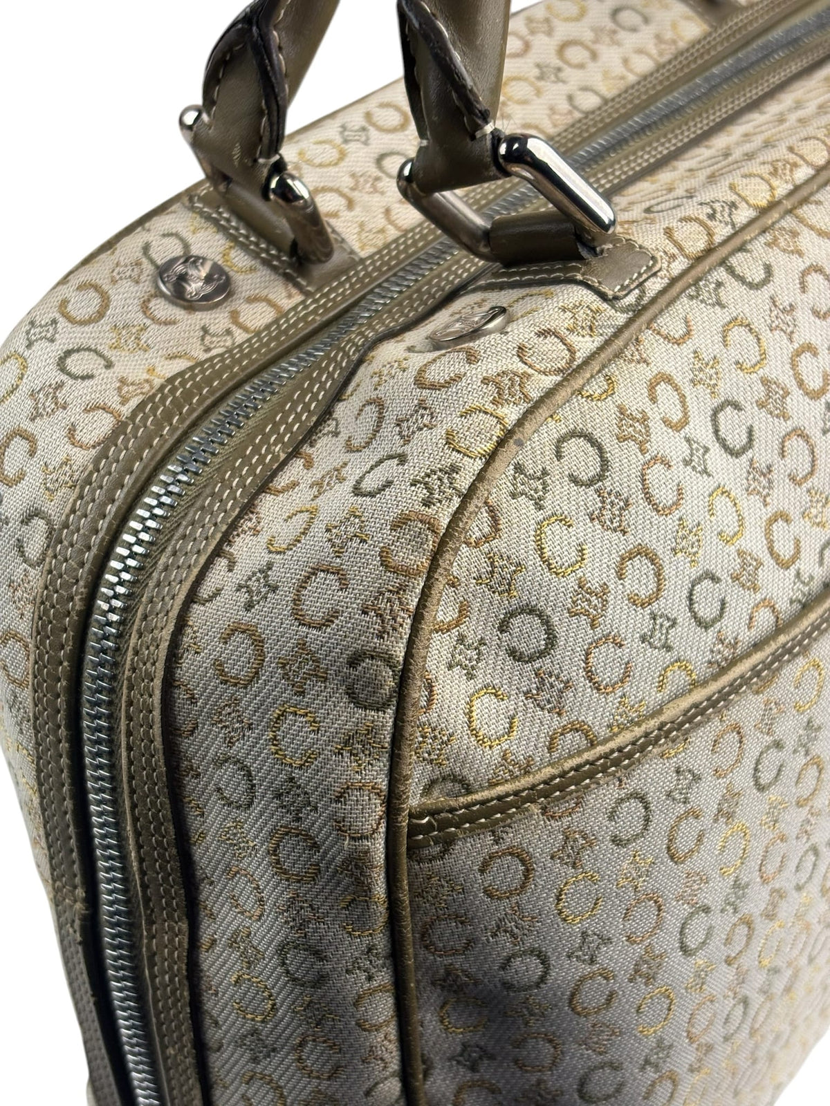 Celine Beige/Green Leather Trim Macadam Handbag