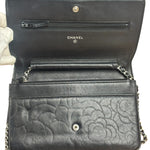 Chanel Black Leather Camellia Embossed Chain Wallet 2012